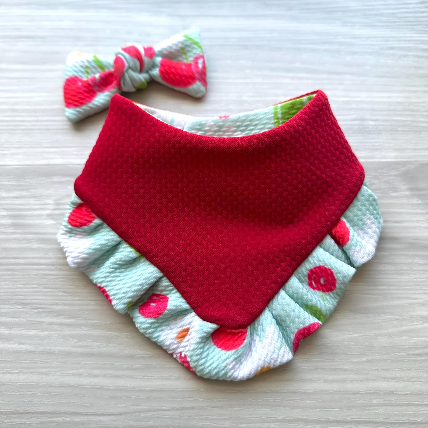 Cherry Summer Dog Bandana with Ruffles & Matching Hair Bow Pet Accessory Set Dog Summer Outfit Cute Pet Gift Summer Outfit for Small Dogs