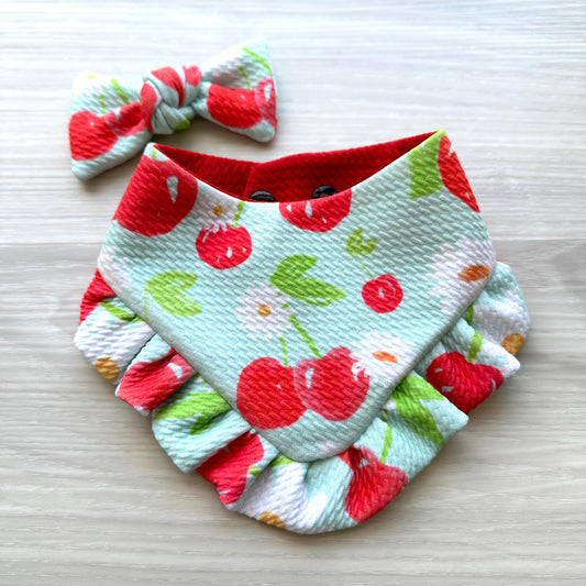 Cherry Summer Dog Bandana with Ruffles & Matching Hair Bow Pet Accessory Set Dog Summer Outfit Cute Pet Gift Summer Outfit for Small Dogs