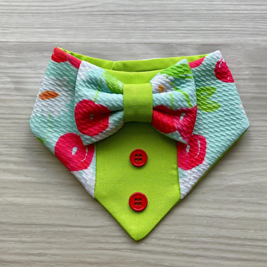 Cherry Summer Dog Tuxedo Bandana with Bowtie Summer Formal Wear for Dogs Wedding Party Attire bandana with snaps closure fun dog bandana