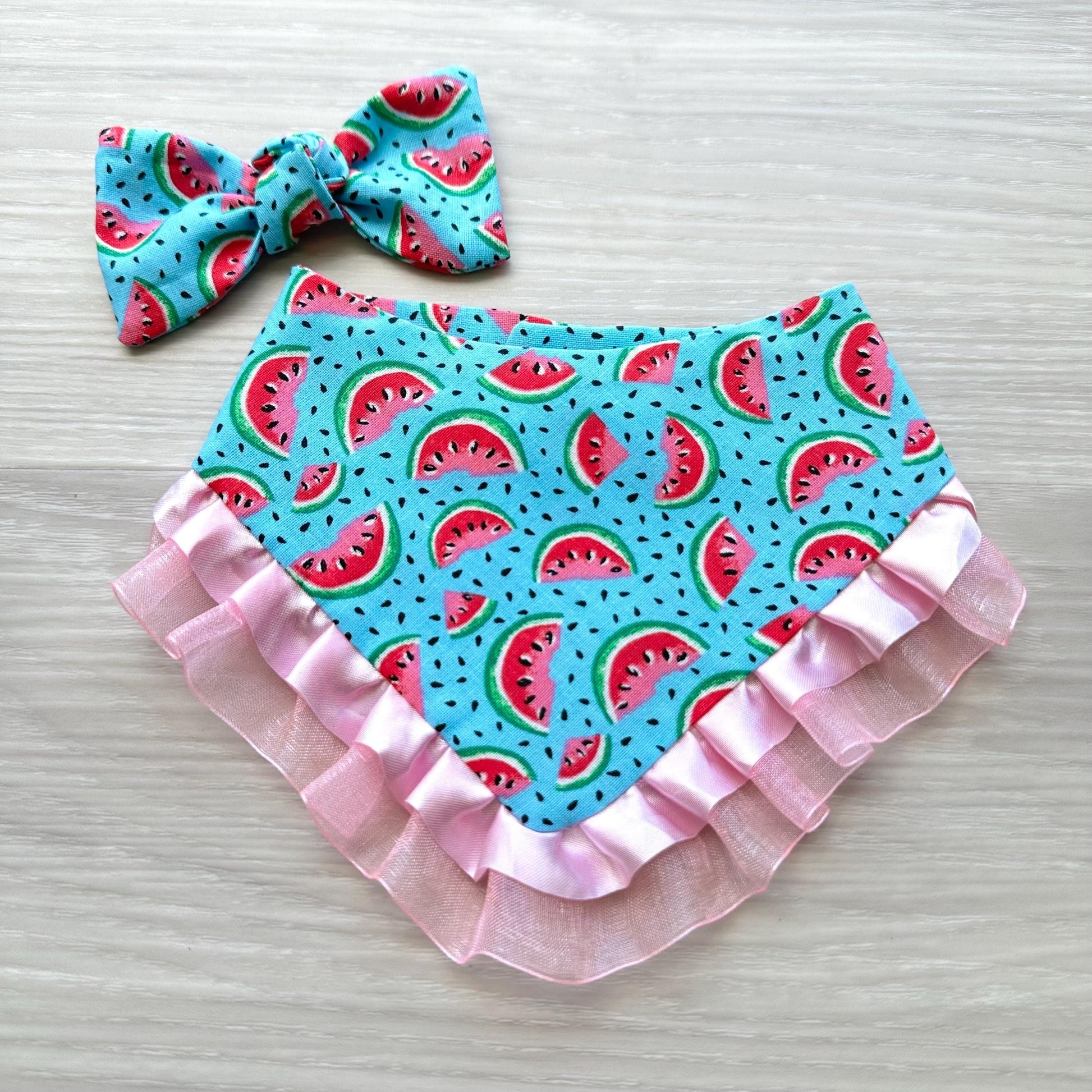 Watermelon Summer Dog Bandana with Ruffles Matching Hair Bow Pet Accessory Set Dog Summer Outfit Cute Pet Gift Summer Outfit for Small Dogs