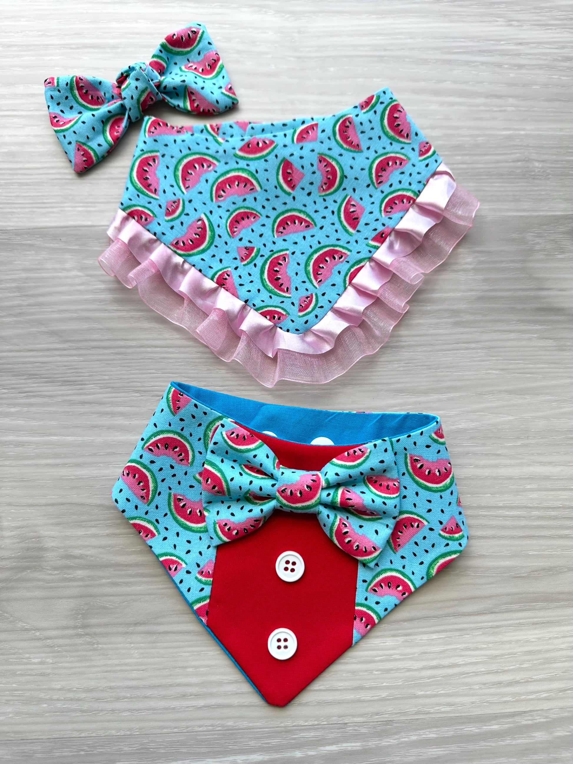 Watermelon Summer Dog Bandana with Ruffles Matching Hair Bow Pet Accessory Set Dog Summer Outfit Cute Pet Gift Summer Outfit for Small Dogs