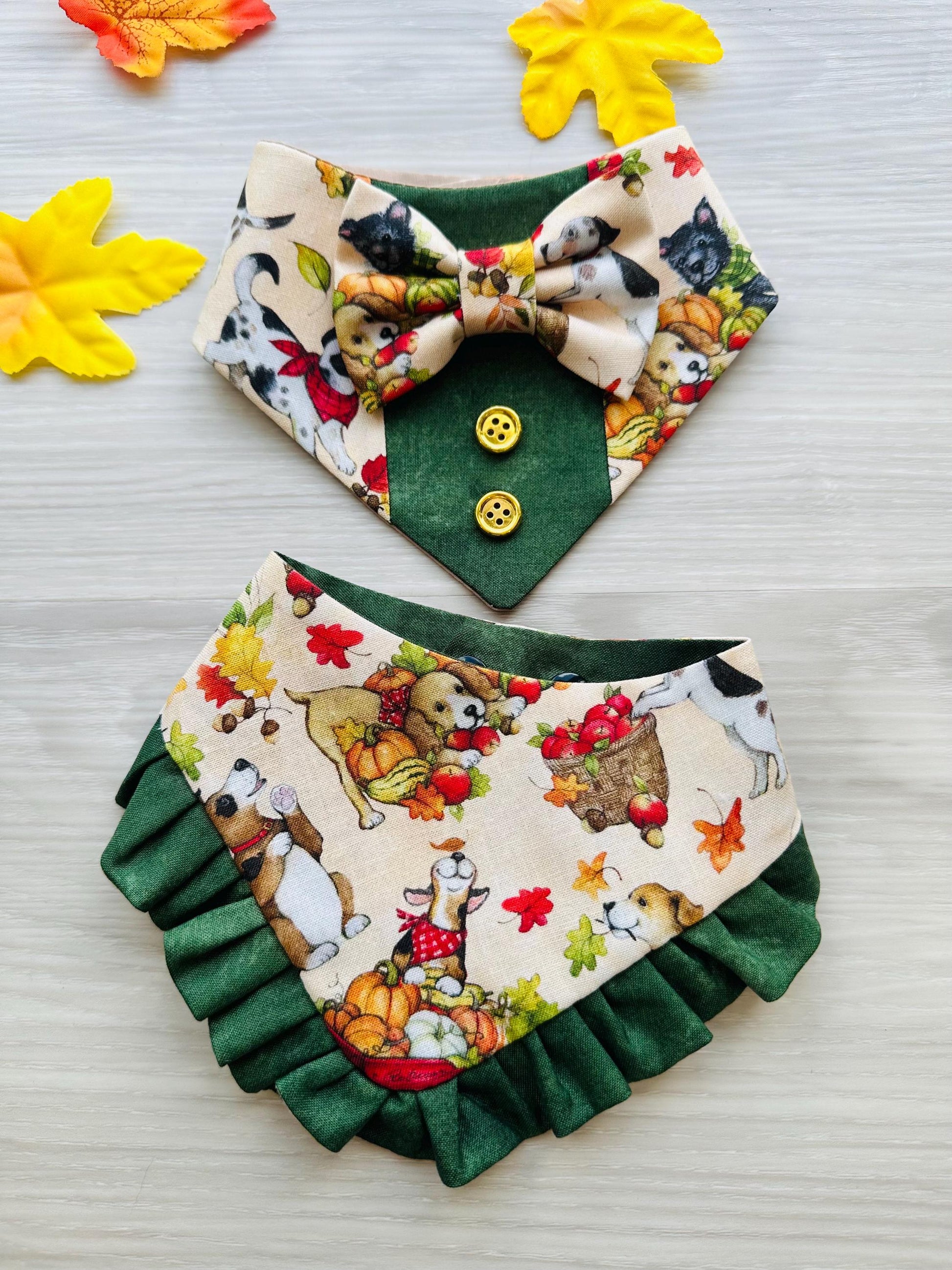 Dog bandana with Ruffle, Dogs and leaves Autumn scarf for pets, gift for dogs and cats fall inspired dog bandana, reversible bandana snap on