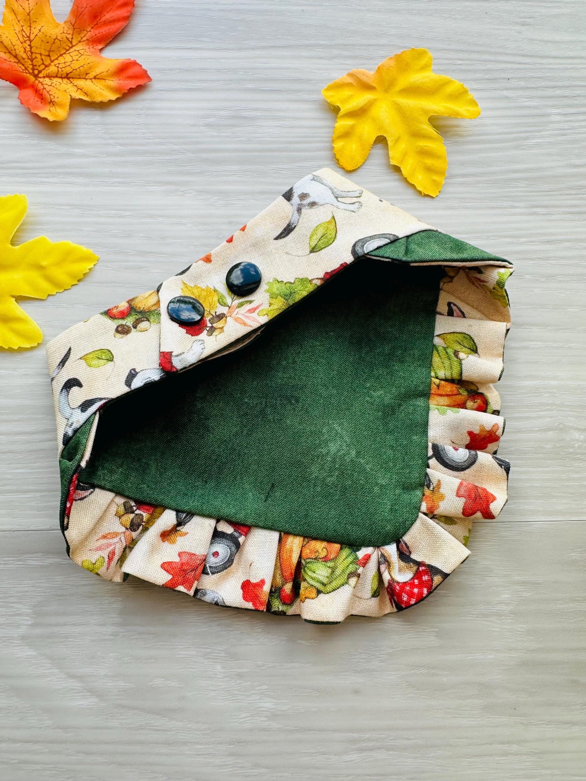 Dog bandana with Ruffle, Dogs and leaves Autumn scarf for pets, gift for dogs and cats fall inspired dog bandana, reversible bandana snap on