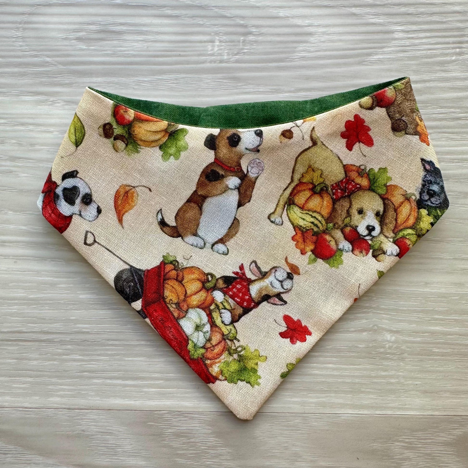 Fall Dog bandana, Big Fall leaves and green, Snap on Bandana, Matching hair-bow, Bow and Bandana, Autumn scarf for dogs, Curved neckline