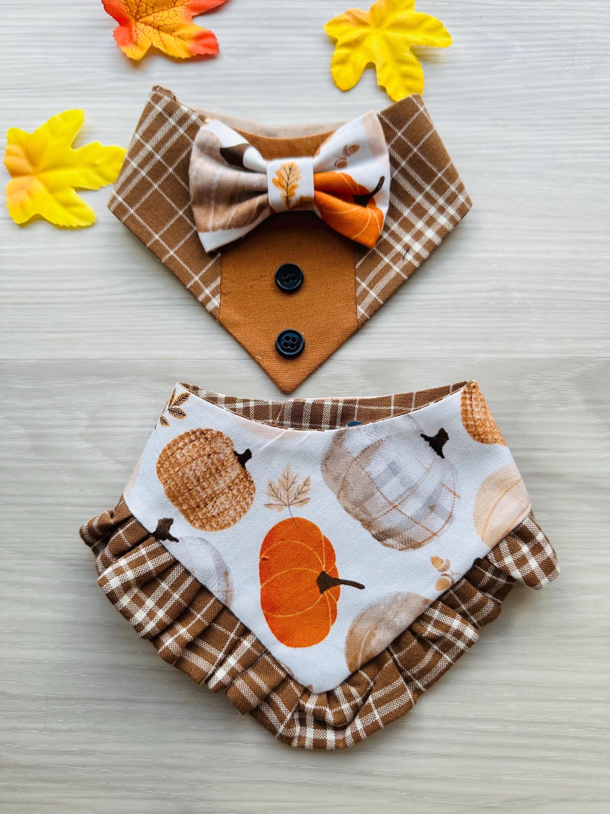 Fall Dog Tuxedo, Pumpkin and Brown Plaid Dog Bandana, Dog bandana with Snaps, Pet scarf gift, Season dog scarf, Dog Bowtie, fancy Bandana