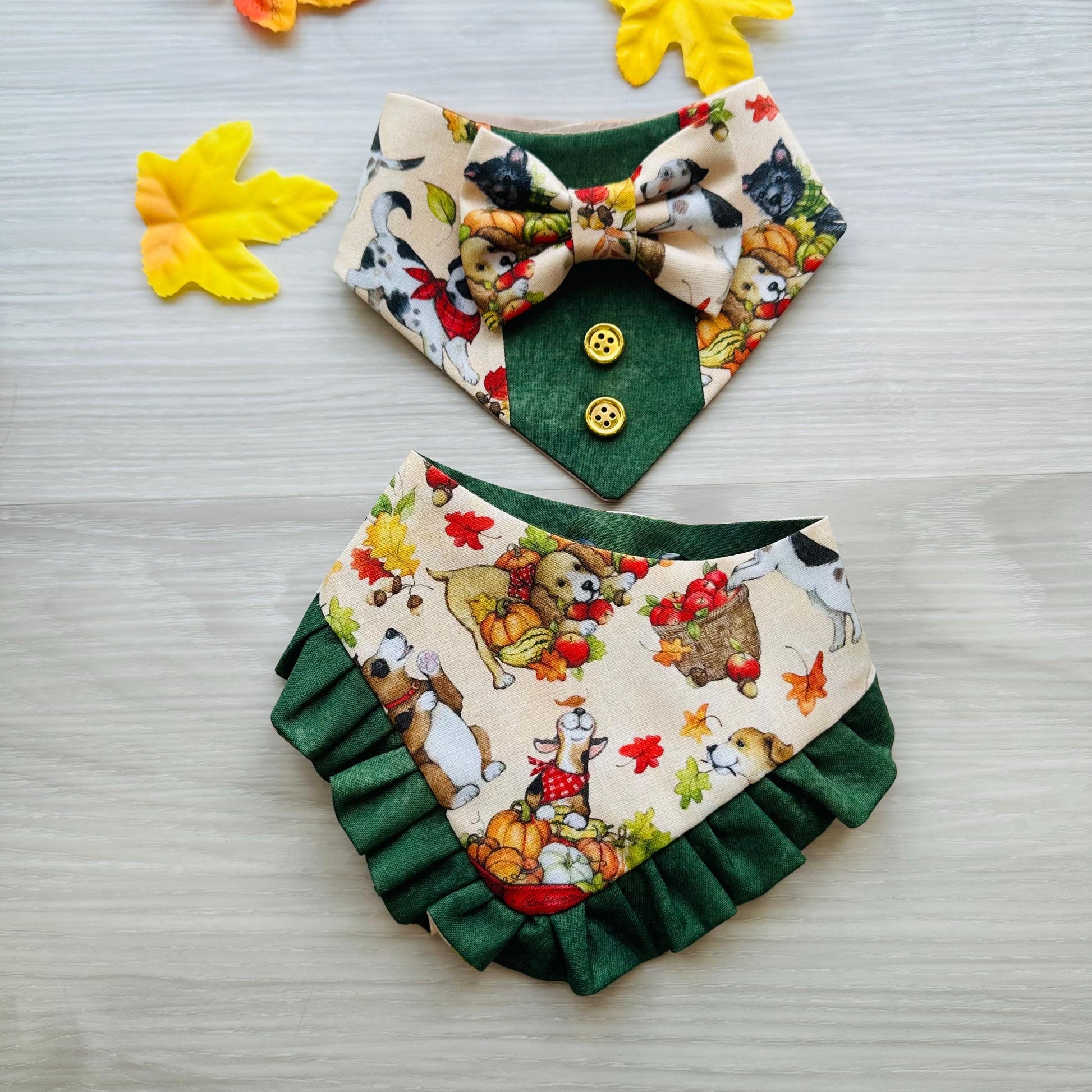 Fall Dog Tuxedo bandana Dogs and Leaves bandana with Snaps, Pet scarf gift, Season dog scarf, bandana with bow tie fancy Bandana