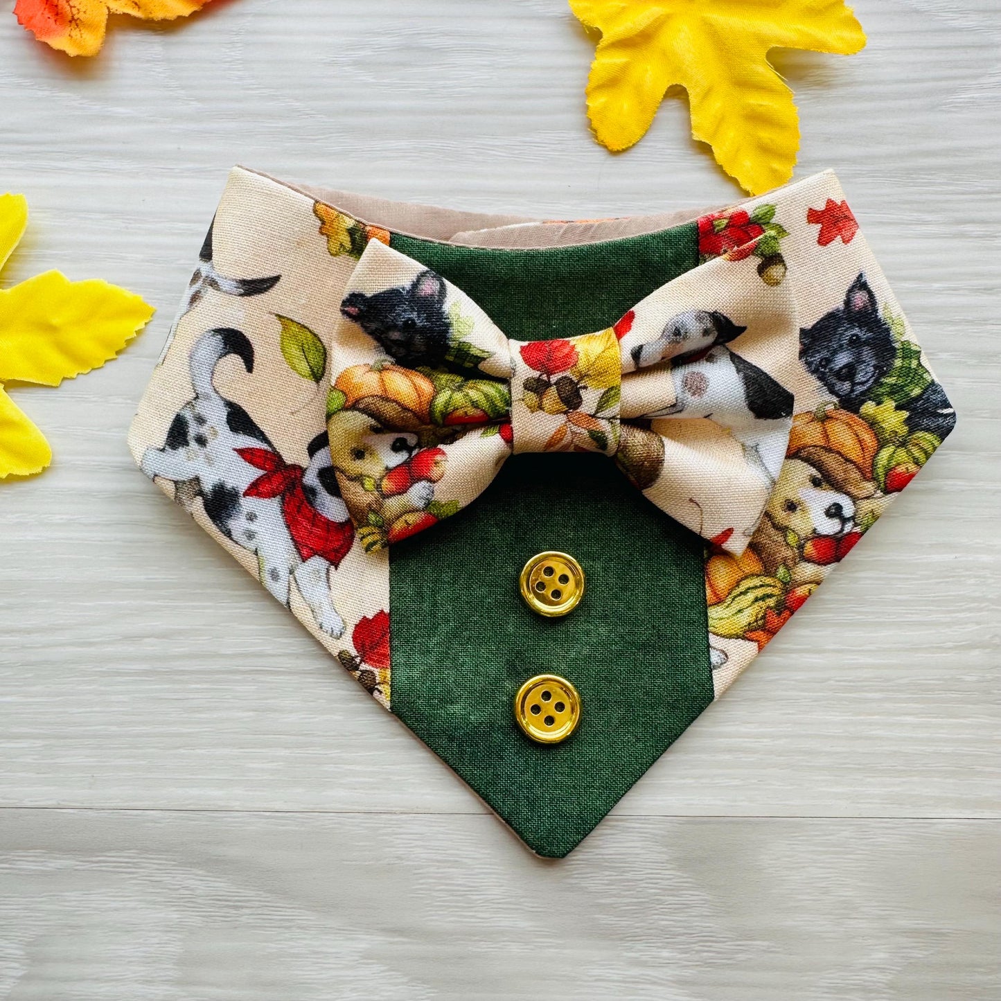 Fall Dog Tuxedo bandana Dogs and Leaves bandana with Snaps, Pet scarf gift, Season dog scarf, bandana with bow tie fancy Bandana