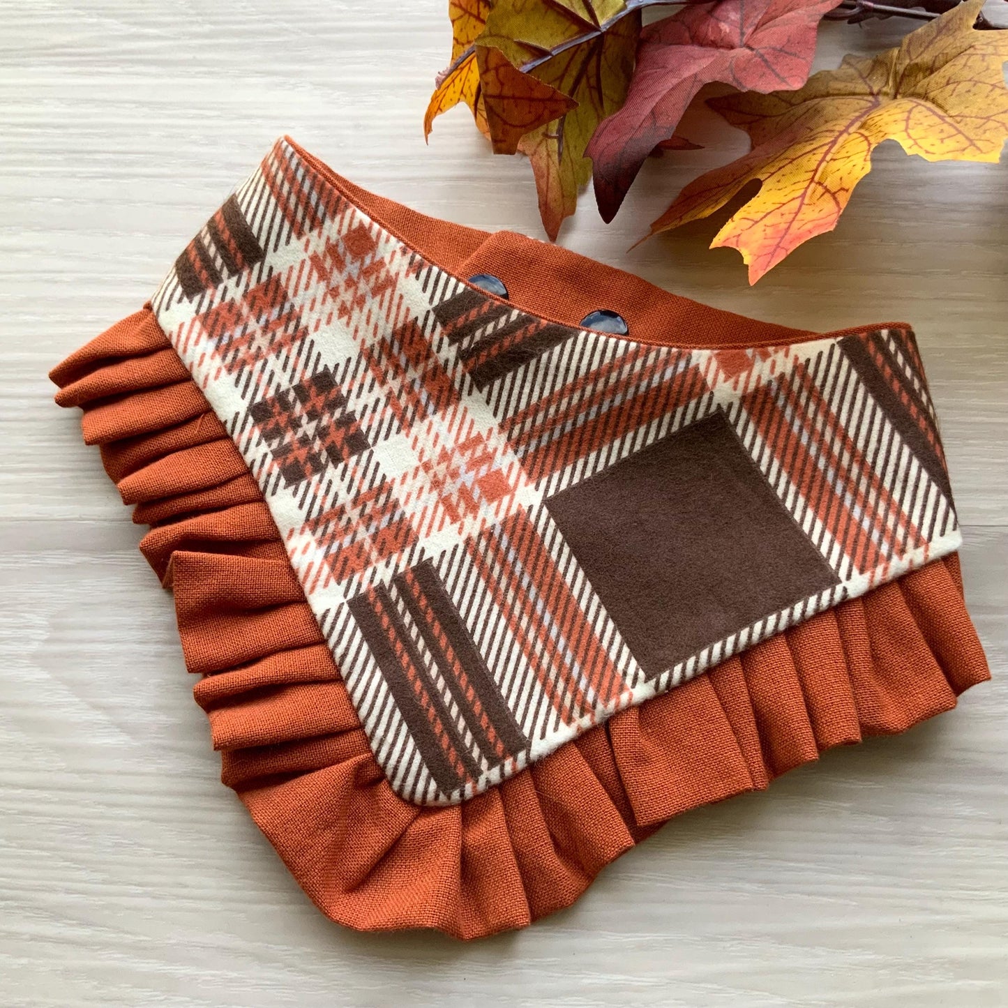 Autumn Dog bandana with ruffle, Pumpkin Spice plaid Fall snap on dog bandana, girl dog bandana with trim, orange plaid bandana