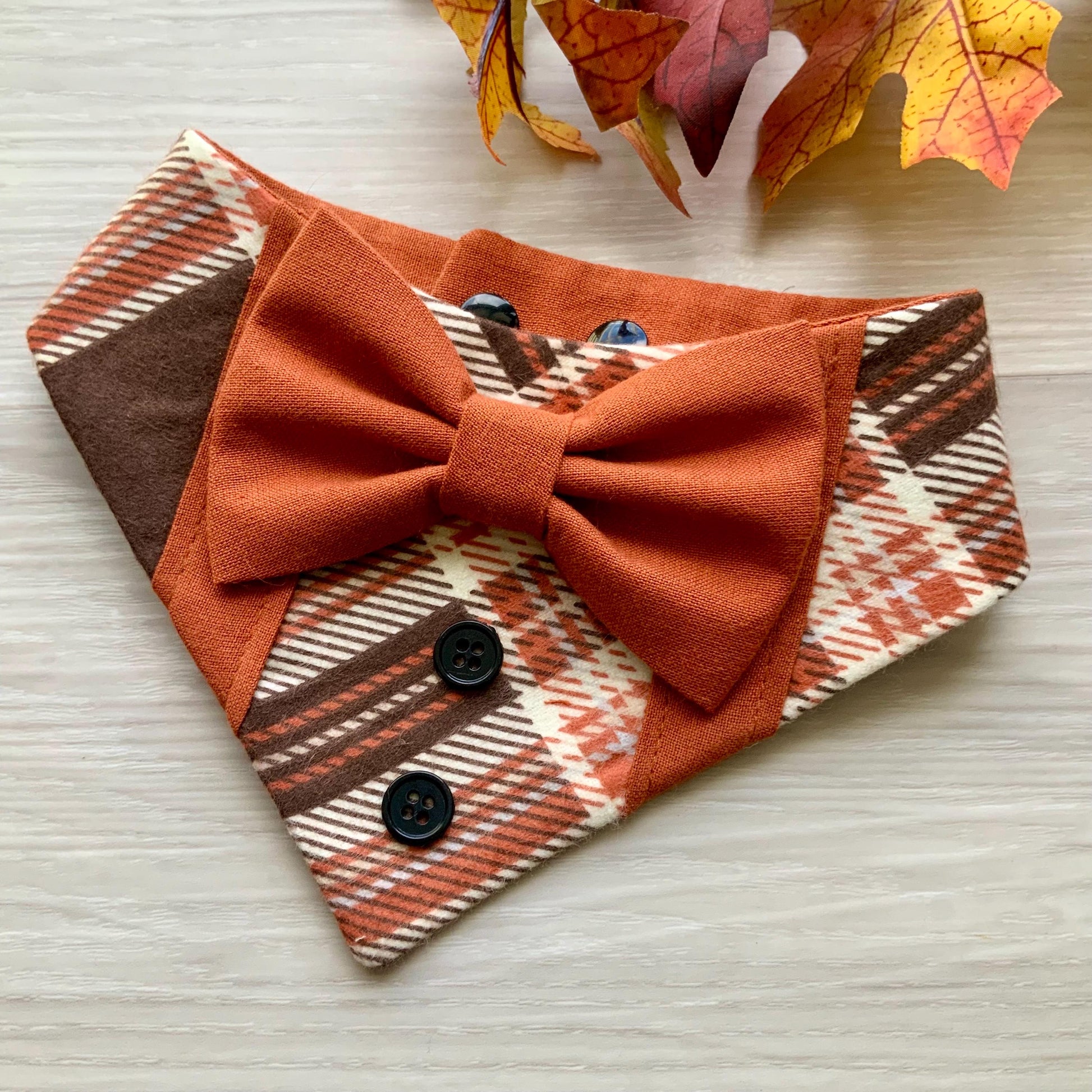 Fall Dog Tuxedo, Pumpkin Spice Plaid Bandana with snaps, Pet scarf gift for dogs and cat, Fancy dog bandana with bowtie, Autumn pet neckwear