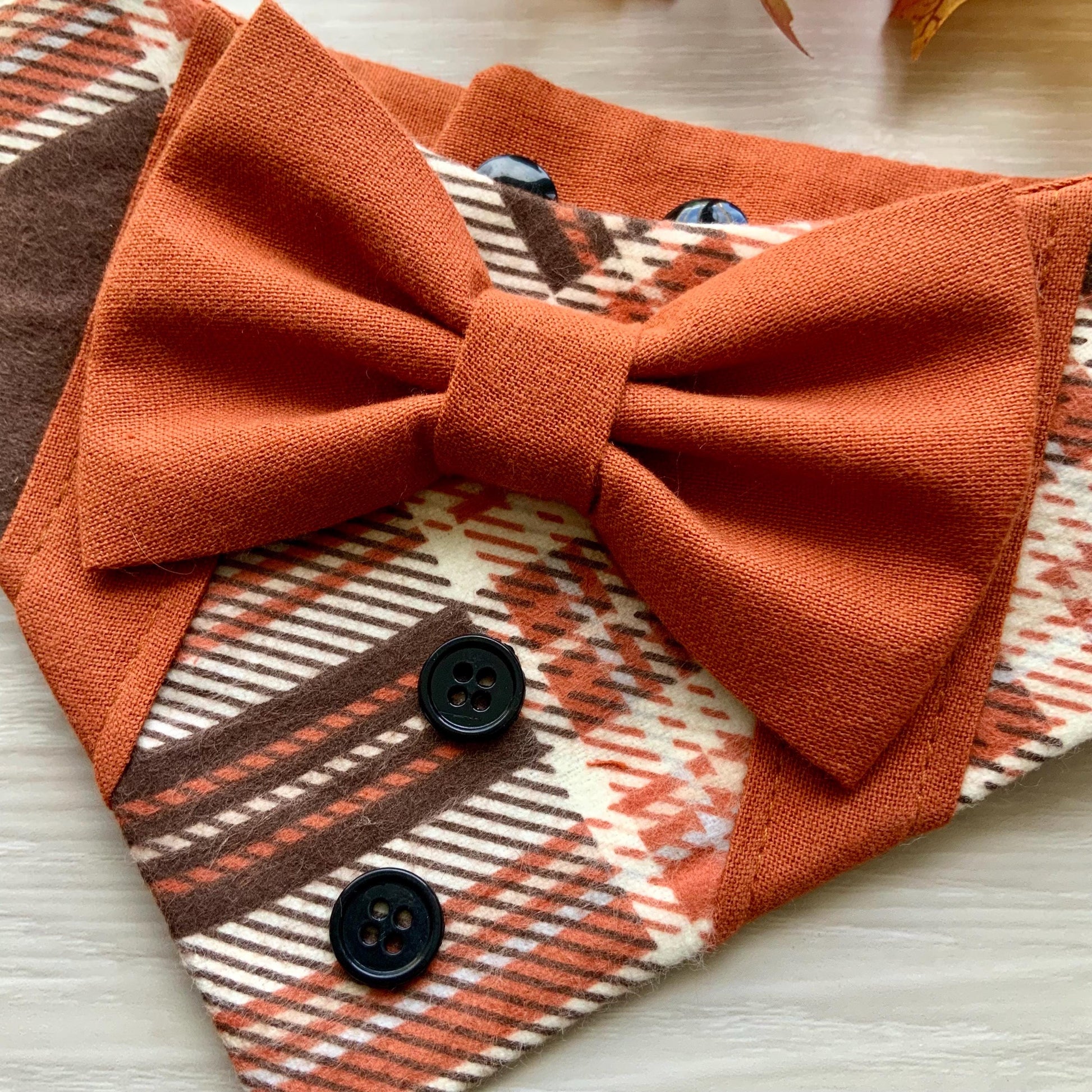 Fall Dog Tuxedo, Pumpkin Spice Plaid Bandana with snaps, Pet scarf gift for dogs and cat, Fancy dog bandana with bowtie, Autumn pet neckwear