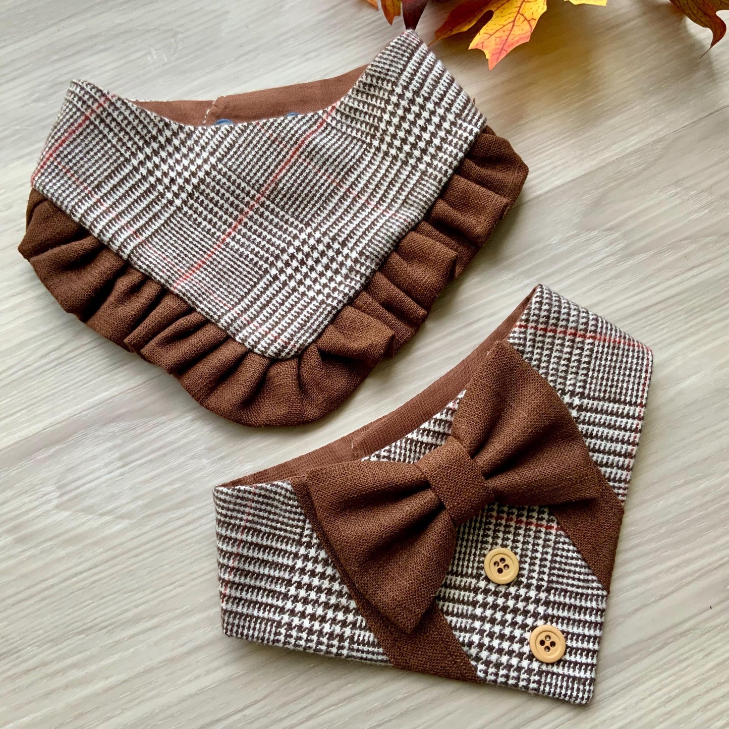 Autumn Dog bandana with ruffle, Brown plaid Fall snap on dog bandana, girl dog bandana with trim, Brown and orange plaid bandana,