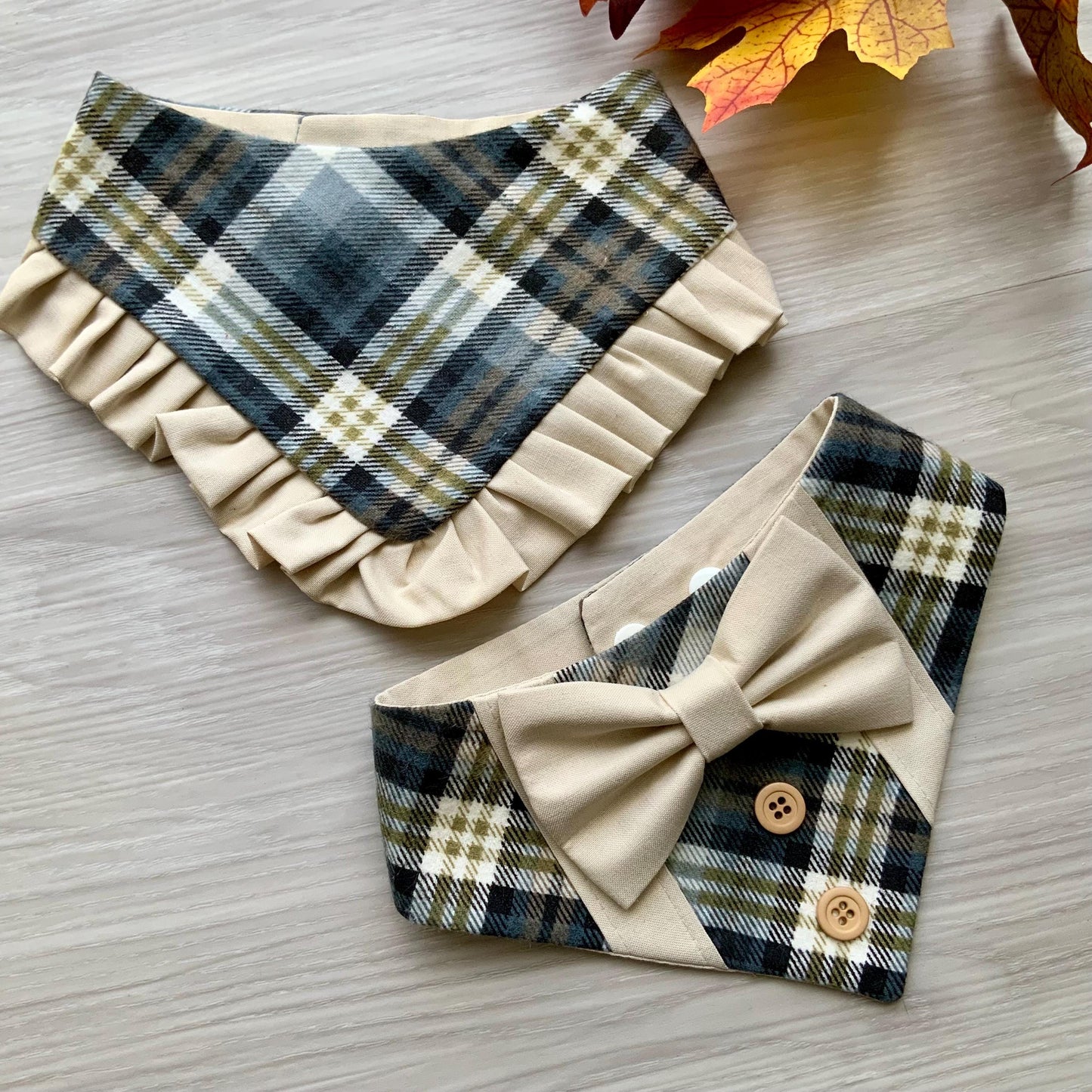 Autumn Dog bandana with ruffle, Beige plaid Fall snap on dog bandana, girl dog bandana with trim, Gray and olive green plaid bandana,