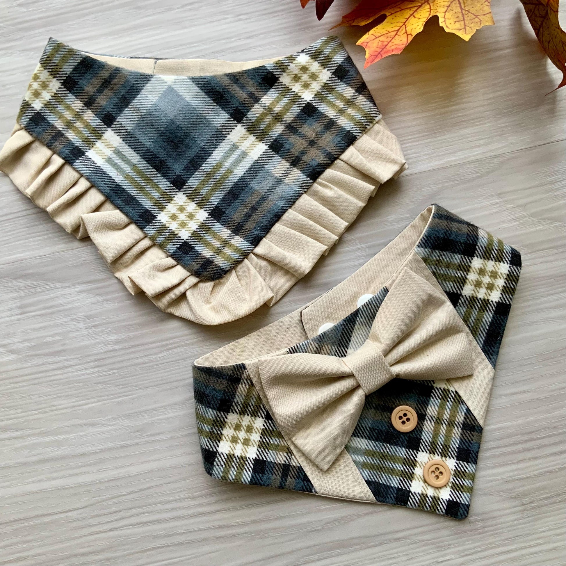 Autumn Dog bandana with ruffle, Beige plaid Fall snap on dog bandana, girl dog bandana with trim, Gray and olive green plaid bandana,