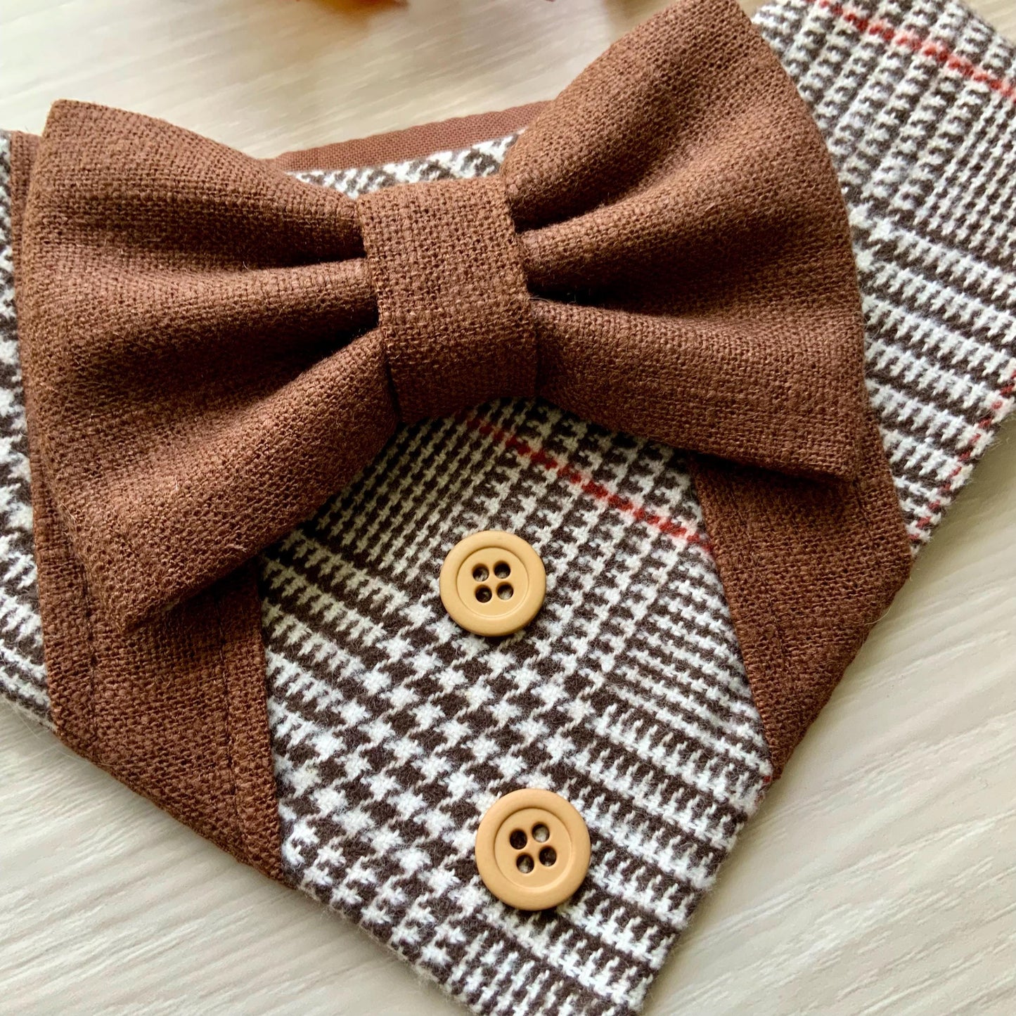 Fall Dog Tuxedo, Brown Plaid Dog Bandana, Dog bandana with Snaps, Pet scarf gift, Season dog scarf with Bowtie fancy Bandana