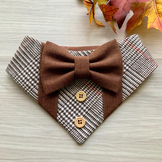 Fall Dog Tuxedo, Brown Plaid Dog Bandana, Dog bandana with Snaps, Pet scarf gift, Season dog scarf with Bowtie fancy Bandana