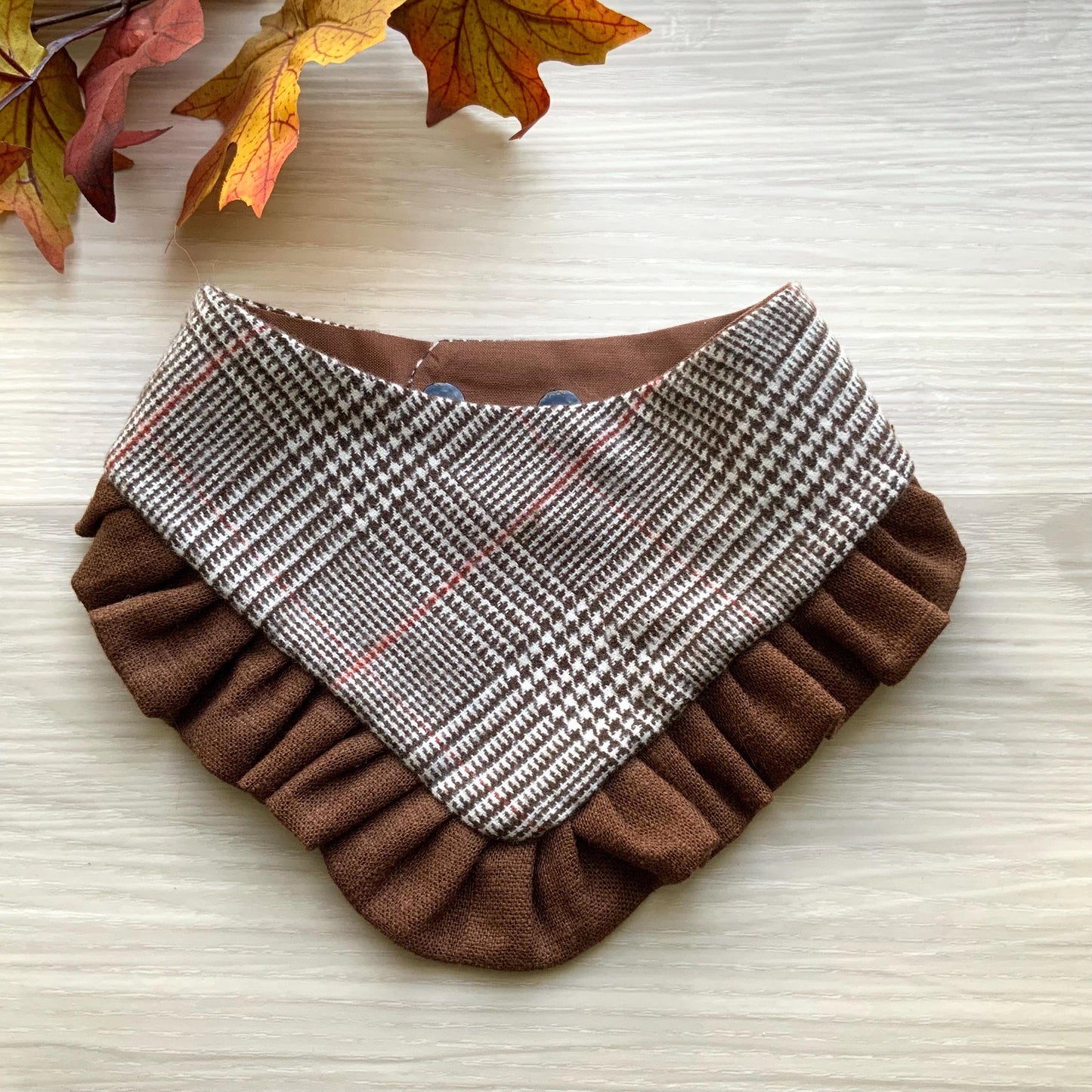 Autumn Dog bandana with ruffle, Brown plaid Fall snap on dog bandana, girl dog bandana with trim, Brown and orange plaid bandana,