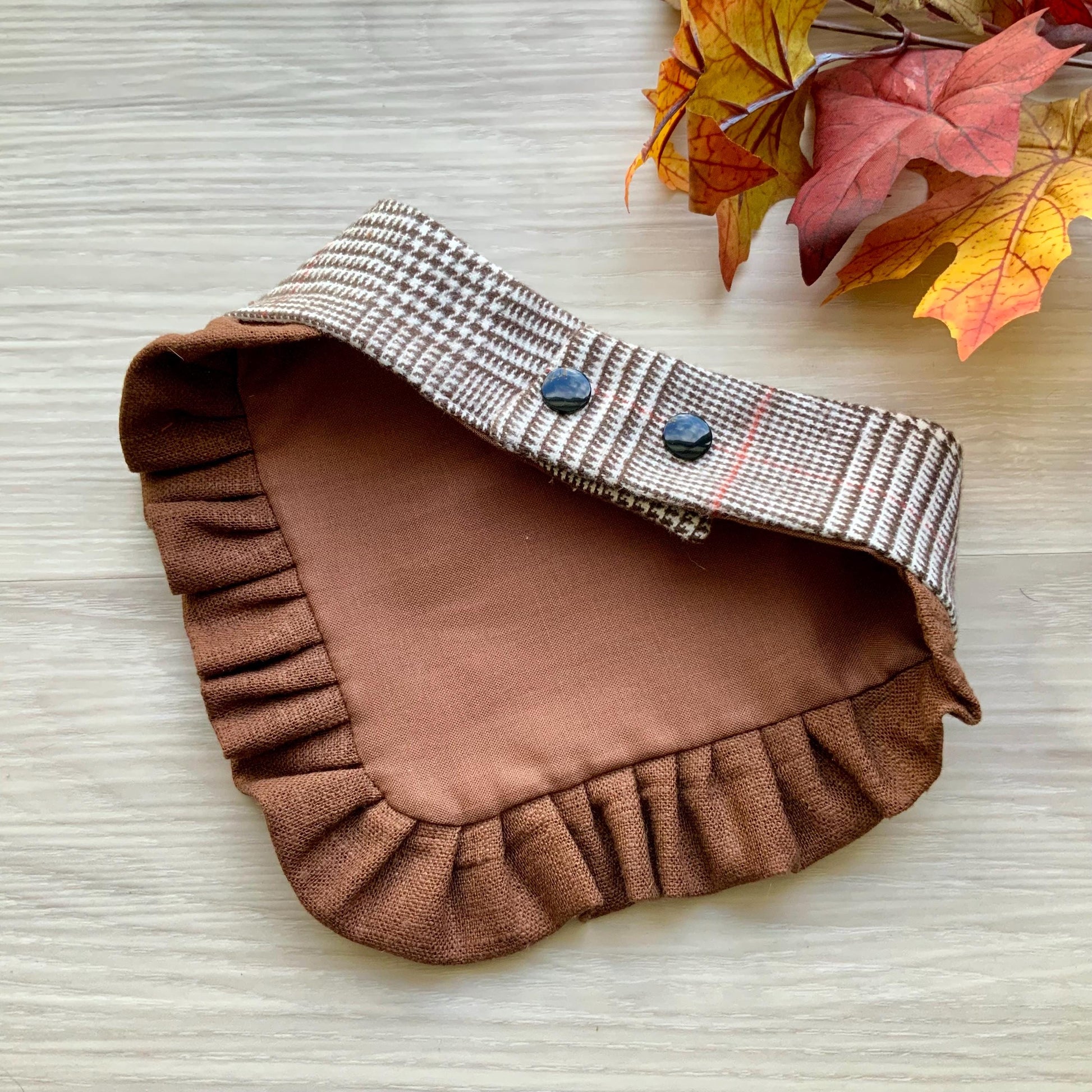 Autumn Dog bandana with ruffle, Brown plaid Fall snap on dog bandana, girl dog bandana with trim, Brown and orange plaid bandana,
