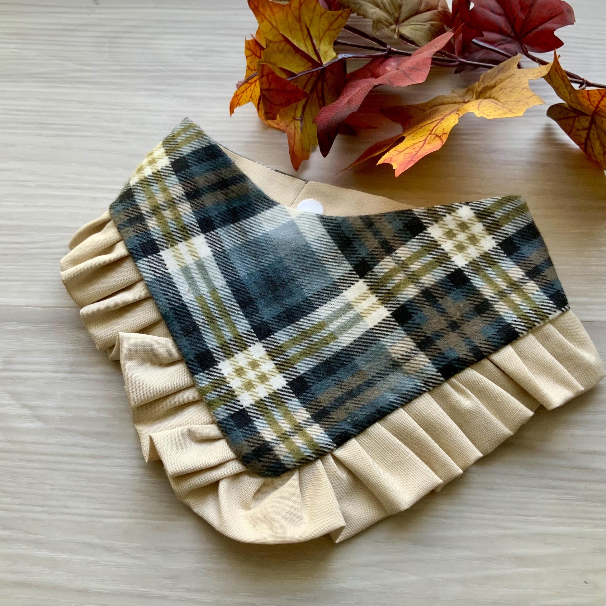 Autumn Dog bandana with ruffle, Beige plaid Fall snap on dog bandana, girl dog bandana with trim, Gray and olive green plaid bandana,