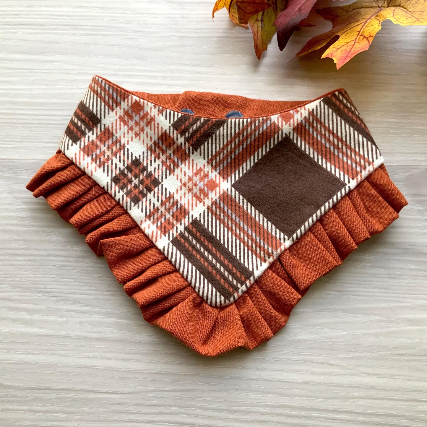Autumn Dog bandana with ruffle, Pumpkin Spice plaid Fall snap on dog bandana, girl dog bandana with trim, orange plaid bandana