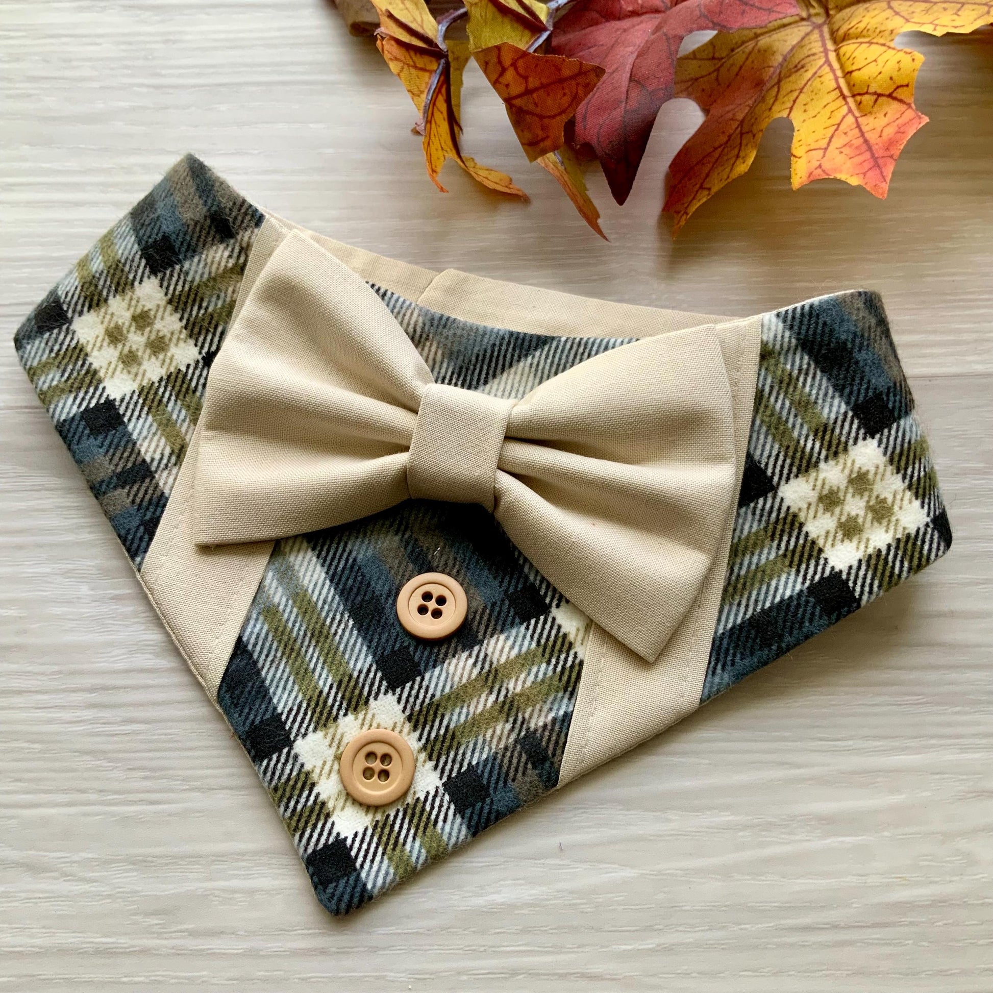 Fall Dog Tuxedo, Beige Plaid Dog Bandana, Dog bandana with Snaps, Pet scarf gift, Season dog scarf with Bowtie, plaid with gray olive green