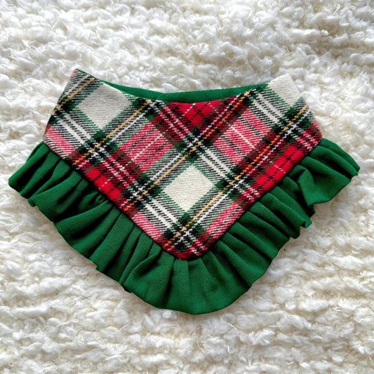 Christmas Red White Tartan Plaid W/Ruffles Dog bandana, Snap on dog flannel scarf, Xmas Holiday Bandana
