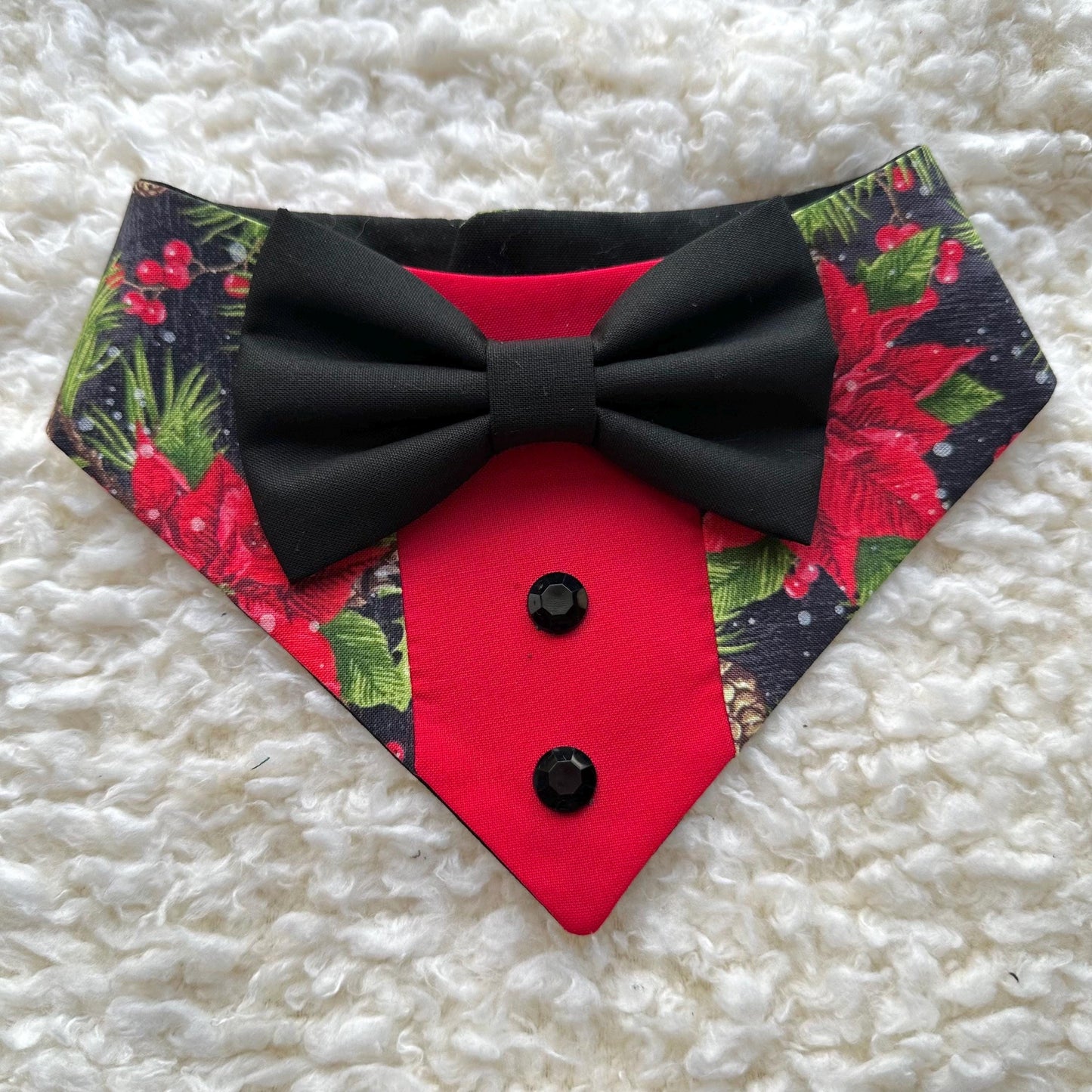 Christmas Red Poinsettia Dog Tuxedo Bandana, Christmas gift for the holiday,dog holiday scarf, fancy dog bandana for boy black and red