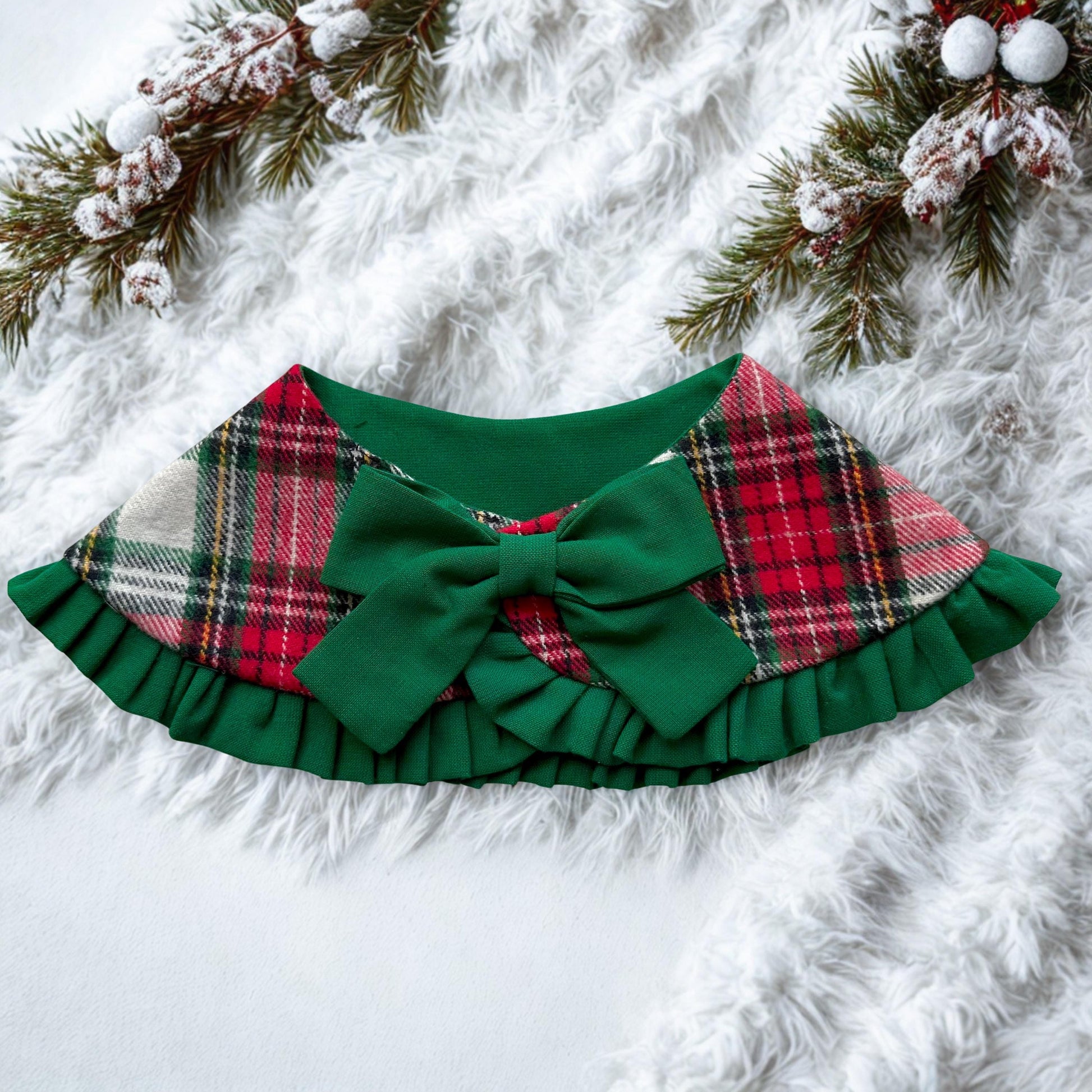 Christmas Dog Bandana Cape with Ruffle, Red white tartan