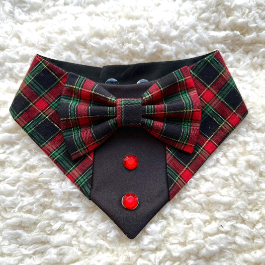 Christmas Black Green and Red Plaid Dog Tuxedo Bandana, Lumber jack pet bandana, Christmas gift for the holiday,dog holiday scarf, fancy dog