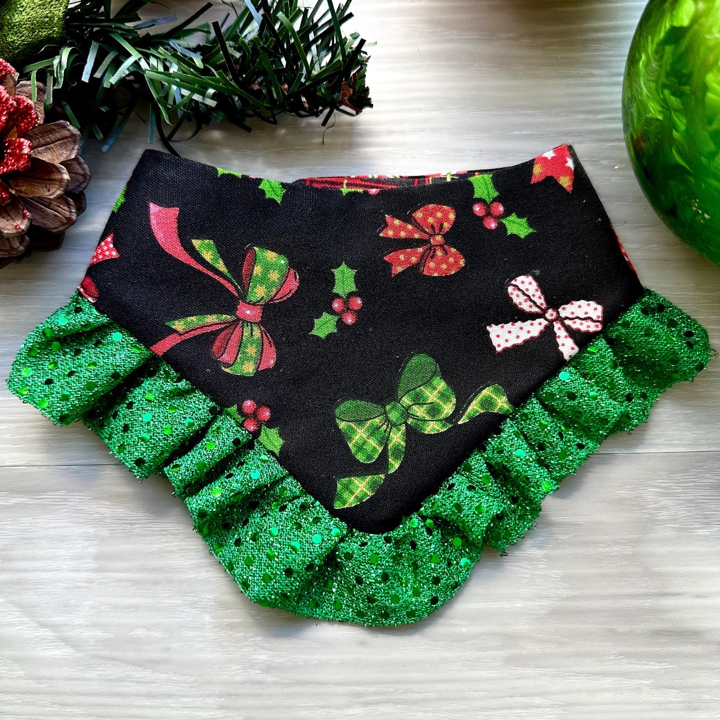 Christmas Green Bows W/Ruffles Dog bandana, snap closure dog bandana, holiday dog bandana, red dog bandana, ruffle trim dog bandana