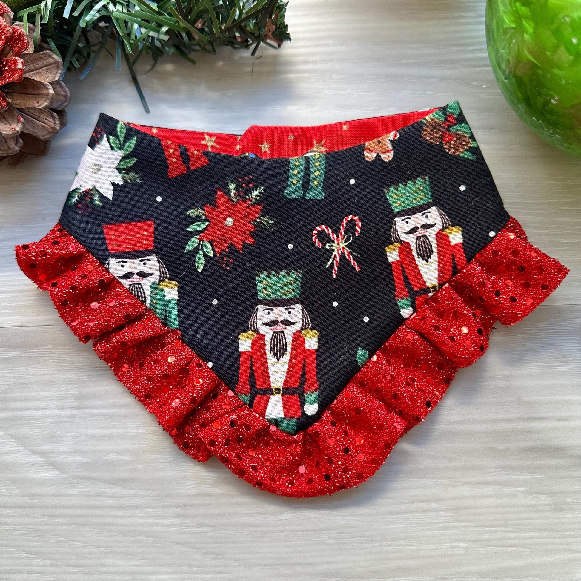 Christmas Red Nutcracker W/Ruffles Dog bandana, snap closure dog bandana, holiday dog bandana, red dog bandana, ruffle trim dog bandana