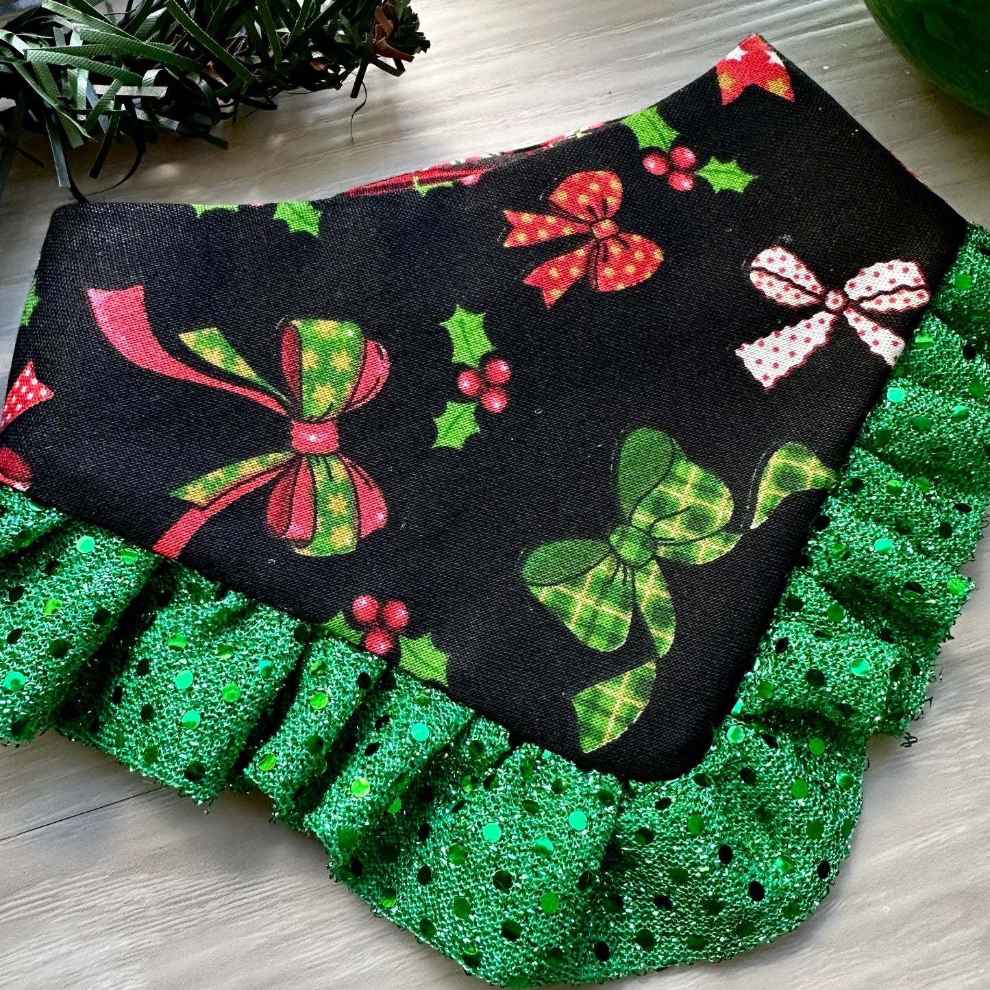 Christmas Green Bows W/Ruffles Dog bandana, snap closure dog bandana, holiday dog bandana, red dog bandana, ruffle trim dog bandana