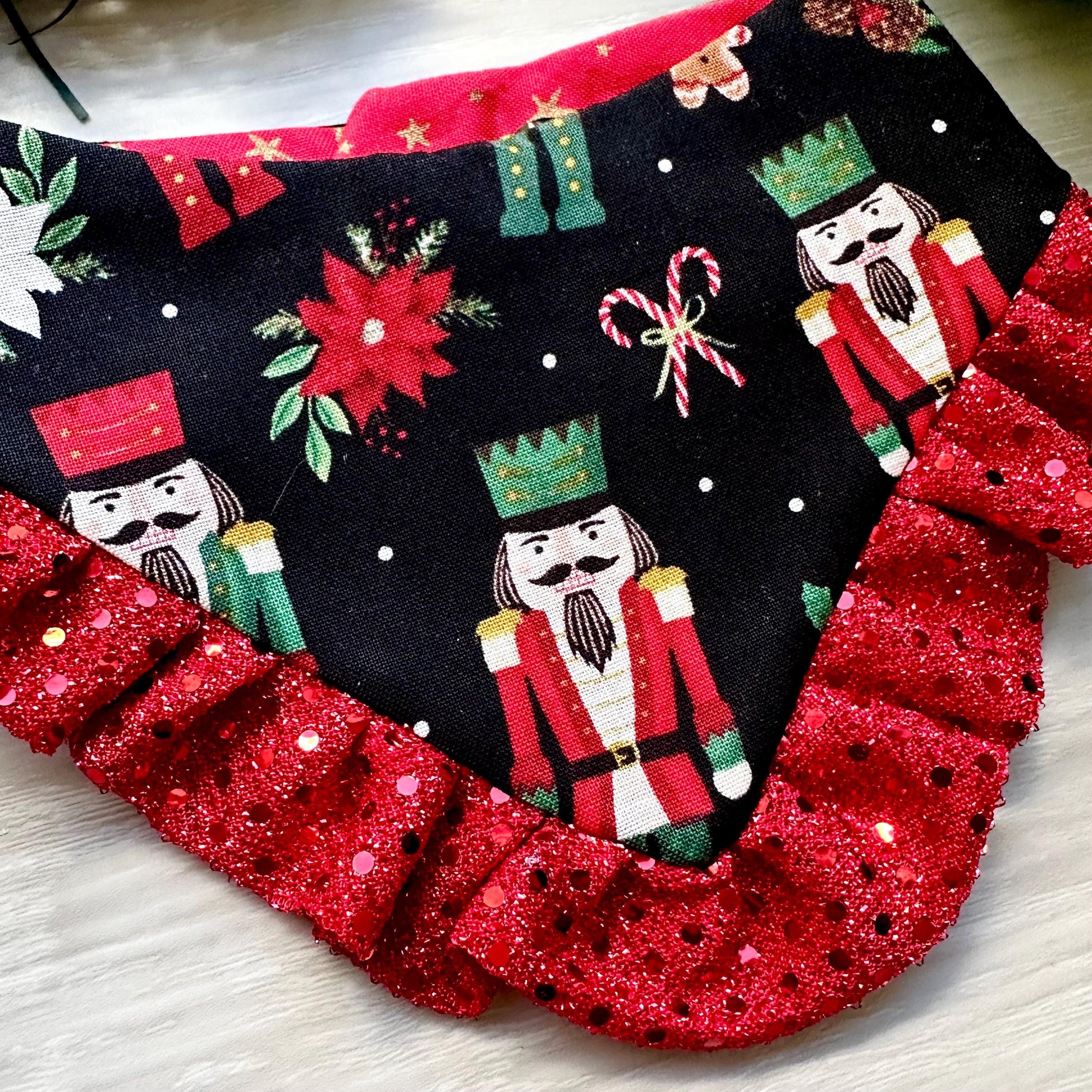 Christmas Red Nutcracker W/Ruffles Dog bandana, snap closure dog bandana, holiday dog bandana, red dog bandana, ruffle trim dog bandana