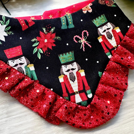Christmas Red Nutcracker W/Ruffles Dog bandana, snap closure dog bandana, holiday dog bandana, red dog bandana, ruffle trim dog bandana