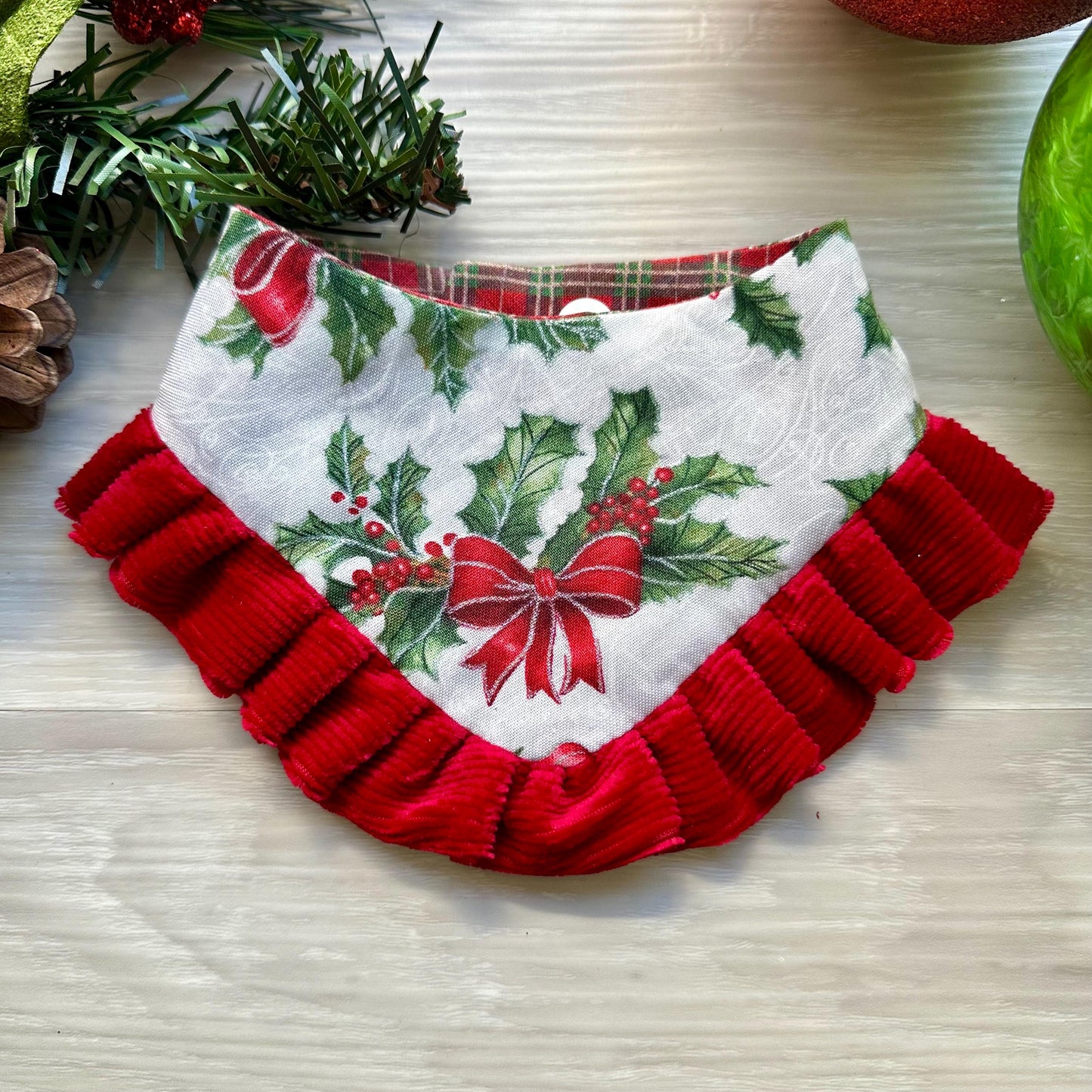 Christmas Mistletoe W/Ruffles Dog bandana, snap closure dog bandana, holiday dog bandana, red dog bandana, ruffle trim dog bandana