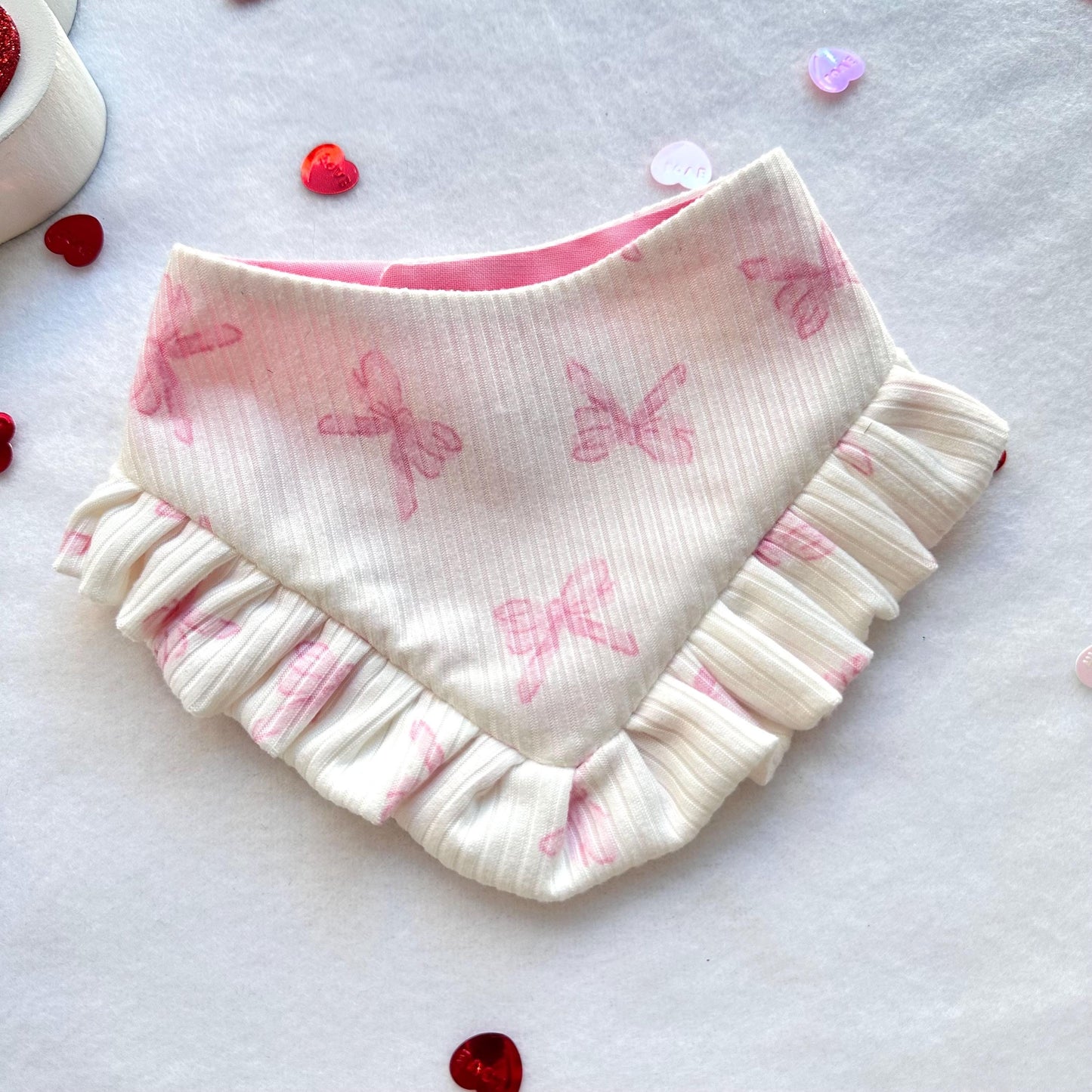 Coquette Cream Valentines Dog bandana with ruffles, Snap on Bandana, Bow and Bandana, XOXO dog accessories