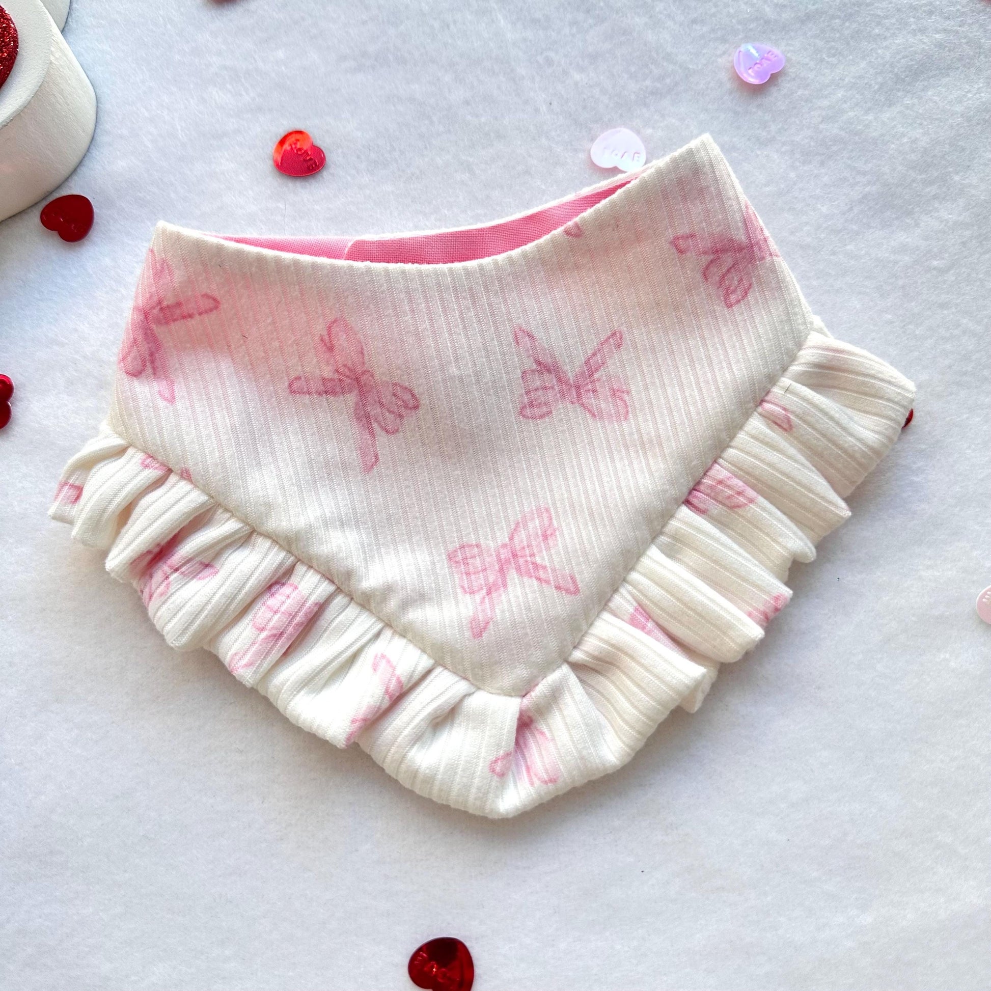 Coquette Cream Valentines Dog bandana with ruffles, Snap on Bandana, Bow and Bandana, XOXO dog accessories