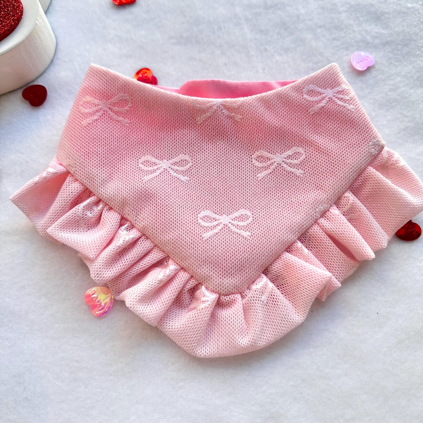 Pink Coquette Valentines Dog bandana with ruffles, Snap on Bandana, Bow and Bandana XOXO dog accessories