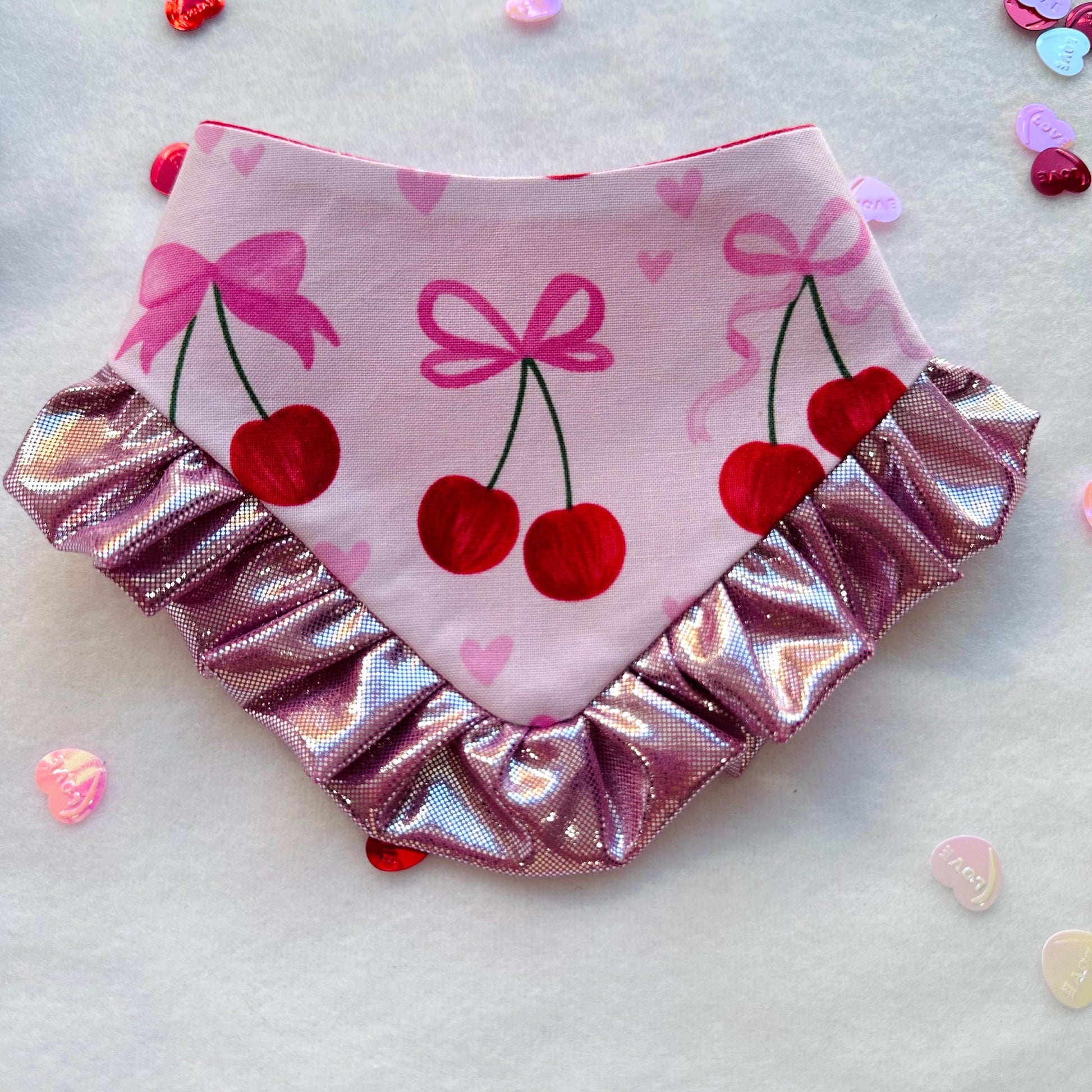 Cherry Coquette Valentines Dog bandana with ruffles, Snap on Bandana, Matching hair-bow, Bow and Bandana