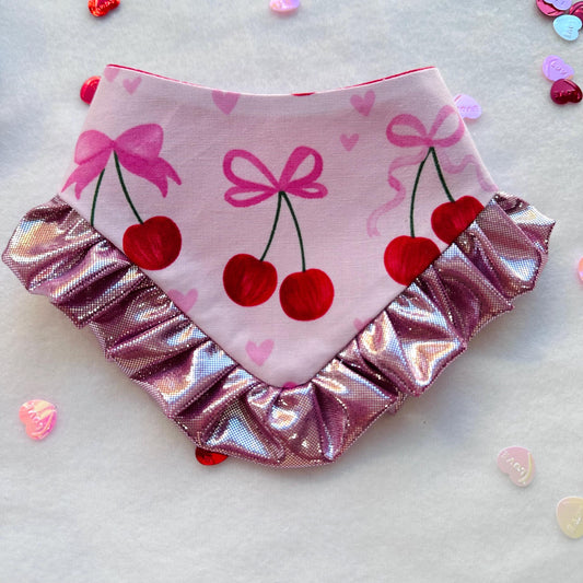 Cherry Coquette Valentines Dog bandana with ruffles, Snap on Bandana, Matching hair-bow, Bow and Bandana