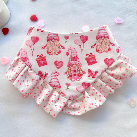 Pink GnomeValentines Dog bandana with ruffles, Snap on Bandana, Matching hair-bow, Bow and Bandana