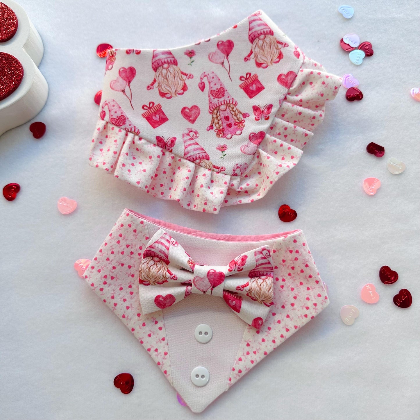 Pink GnomeValentines Dog bandana with ruffles, Snap on Bandana, Matching hair-bow, Bow and Bandana