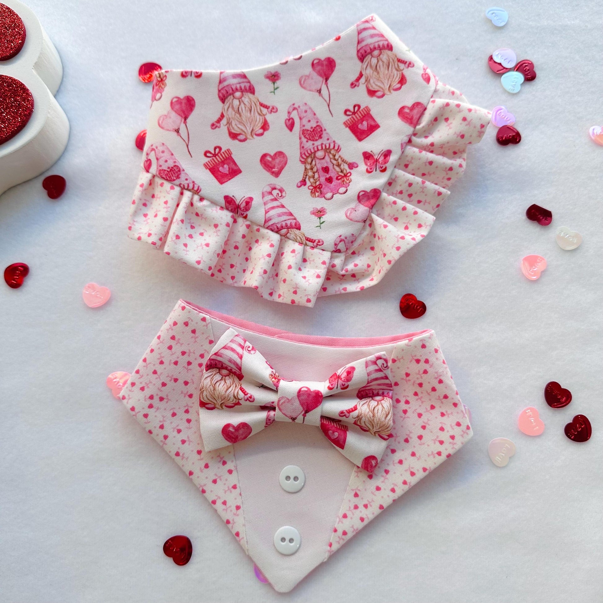 Pink GnomeValentines Dog bandana with ruffles, Snap on Bandana, Matching hair-bow, Bow and Bandana