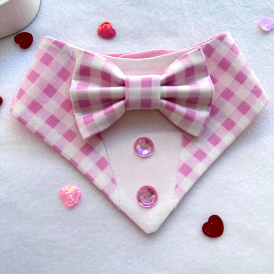 Pink Gingham Tuxedo dog bandana, Valentines Day bandana with bowtie, Dog bandana with Snaps, Pet scarf gift, plaid dog scarf, Dog Bowtie,