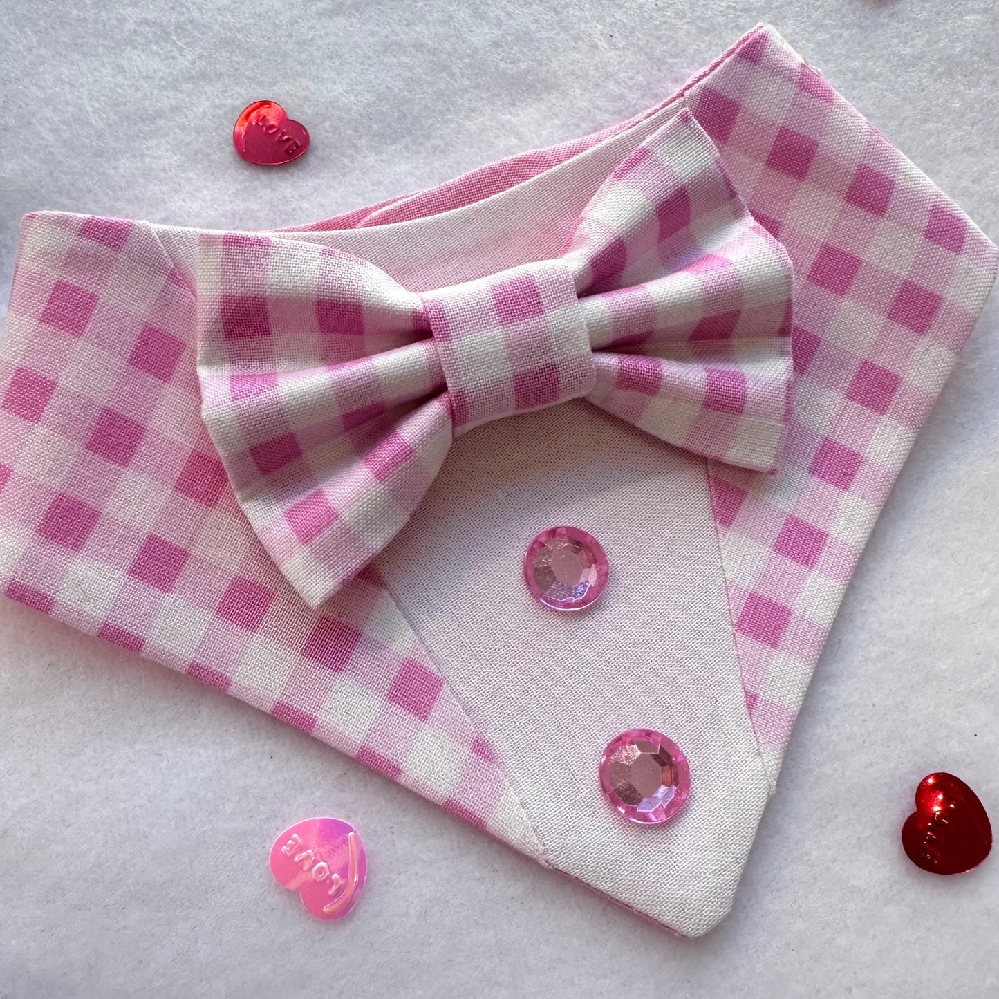 Pink Gingham Tuxedo dog bandana, Valentines Day bandana with bowtie, Dog bandana with Snaps, Pet scarf gift, plaid dog scarf, Dog Bowtie,