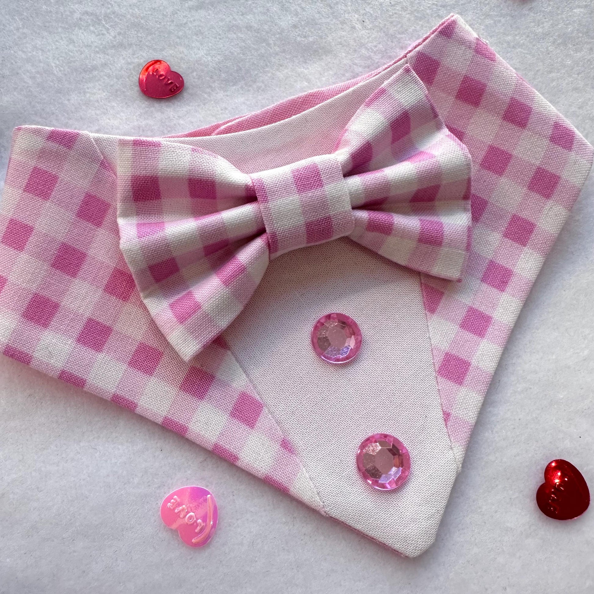 Pink Gingham Tuxedo dog bandana, Valentines Day bandana with bowtie, Dog bandana with Snaps, Pet scarf gift, plaid dog scarf, Dog Bowtie,