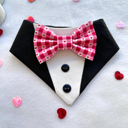 Pink hearts Tuxedo dog bandana, Valentines Day bandana with bowtie, Dog bandana with Snaps, Pet scarf gift, plaid dog scarf, Dog Bowtie,