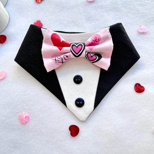 Multi Hearts Tuxedo dog bandana, Valentines Day bandana with bowtie, Dog bandana with Snaps, Pet scarf gift