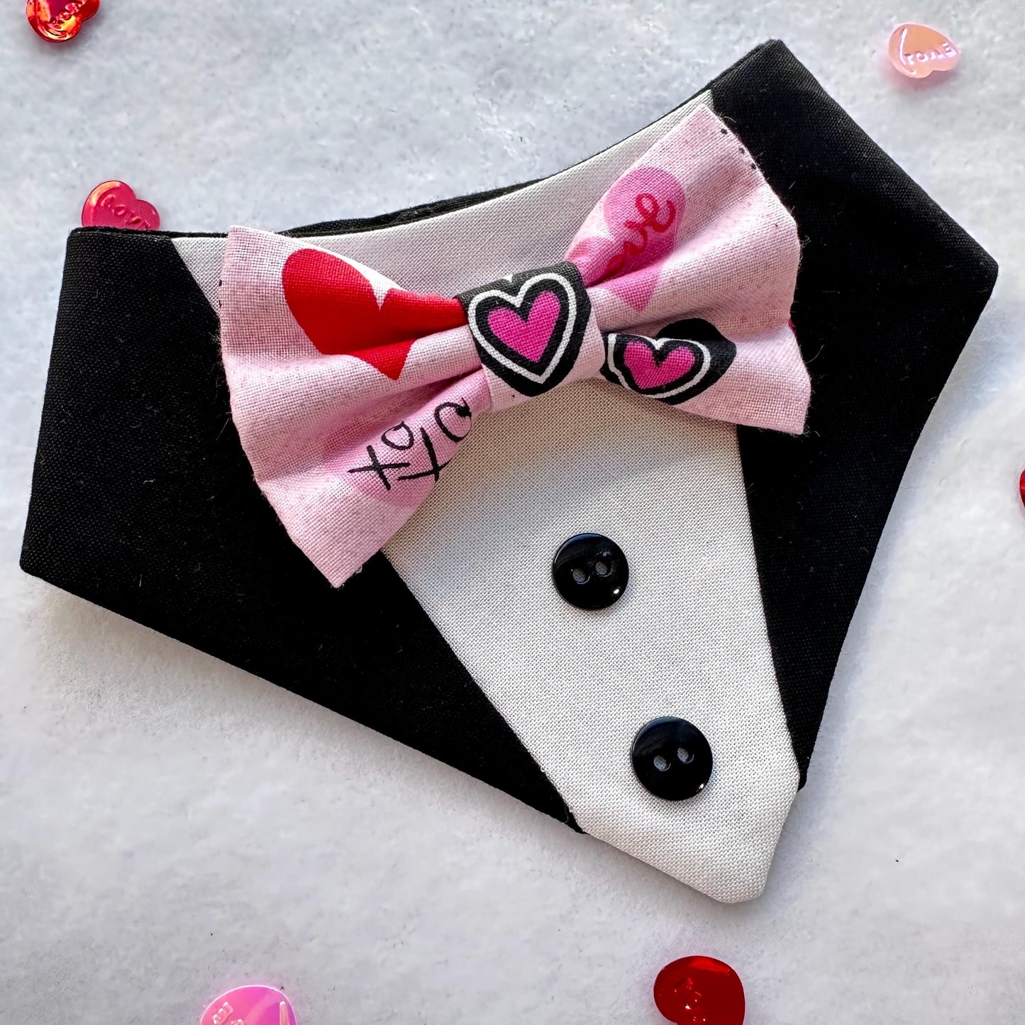 Multi Hearts Tuxedo dog bandana, Valentines Day bandana with bowtie, Dog bandana with Snaps, Pet scarf gift
