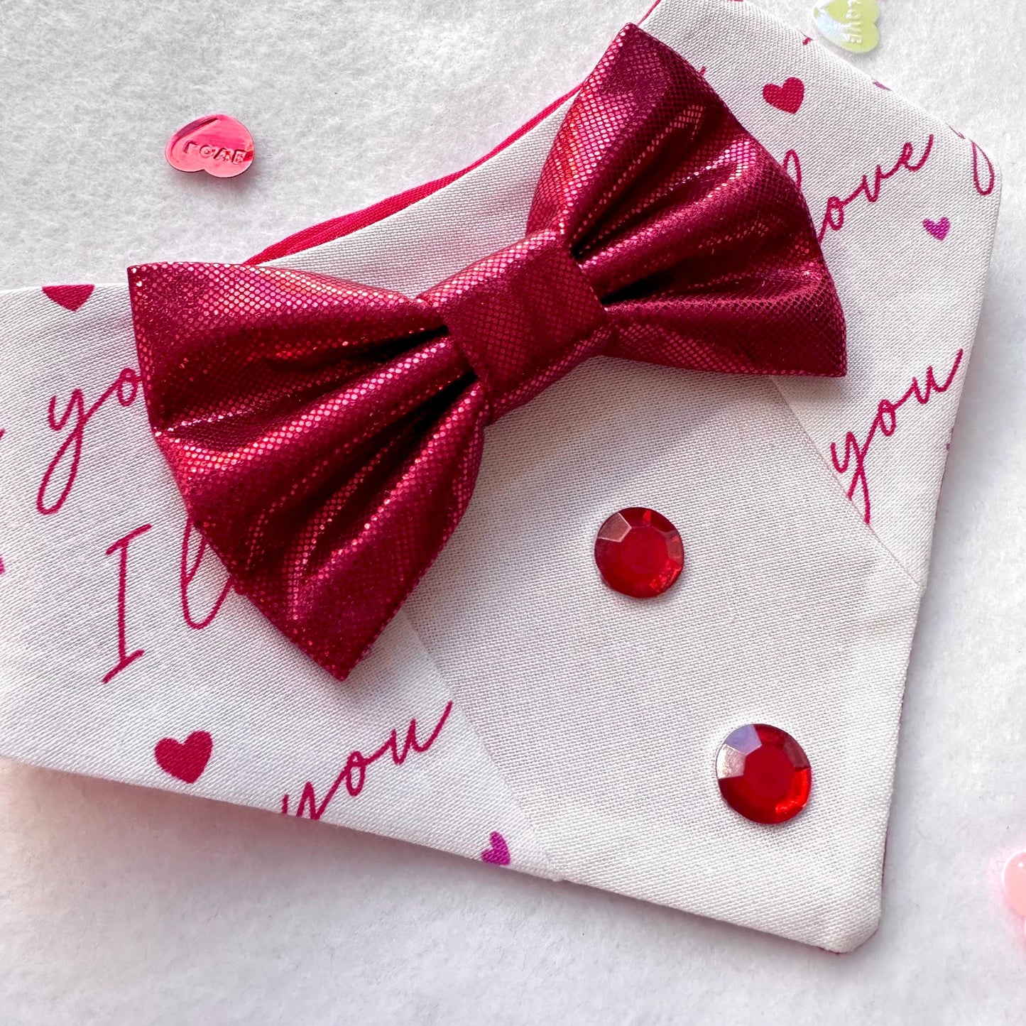 I love You Tuxedo dog bandana, Valentines Day bandana with bowtie, Dog bandana with Snaps, Pet scarf gift, plaid dog scarf, Dog Bowtie,