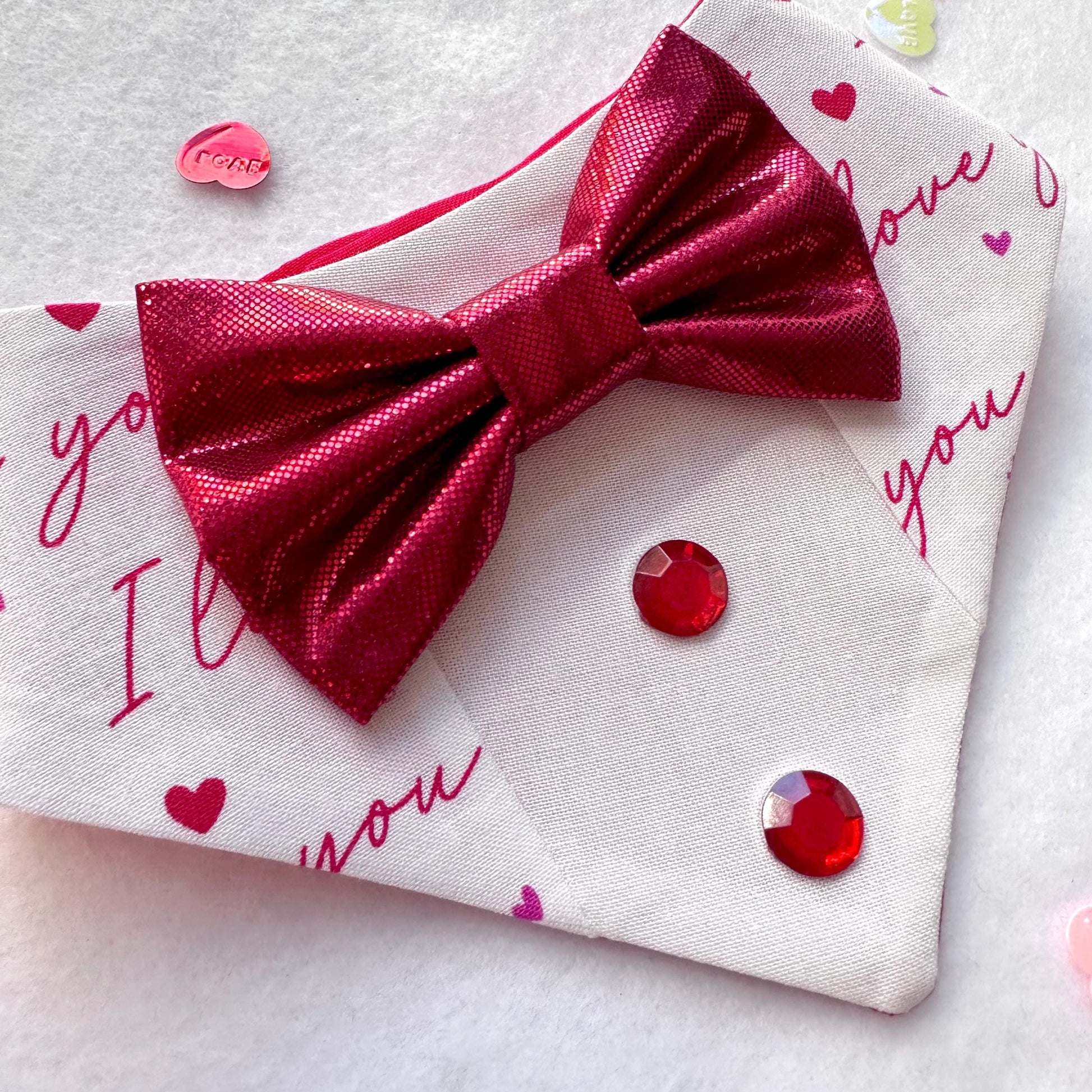I love You Tuxedo dog bandana, Valentines Day bandana with bowtie, Dog bandana with Snaps, Pet scarf gift, plaid dog scarf, Dog Bowtie,